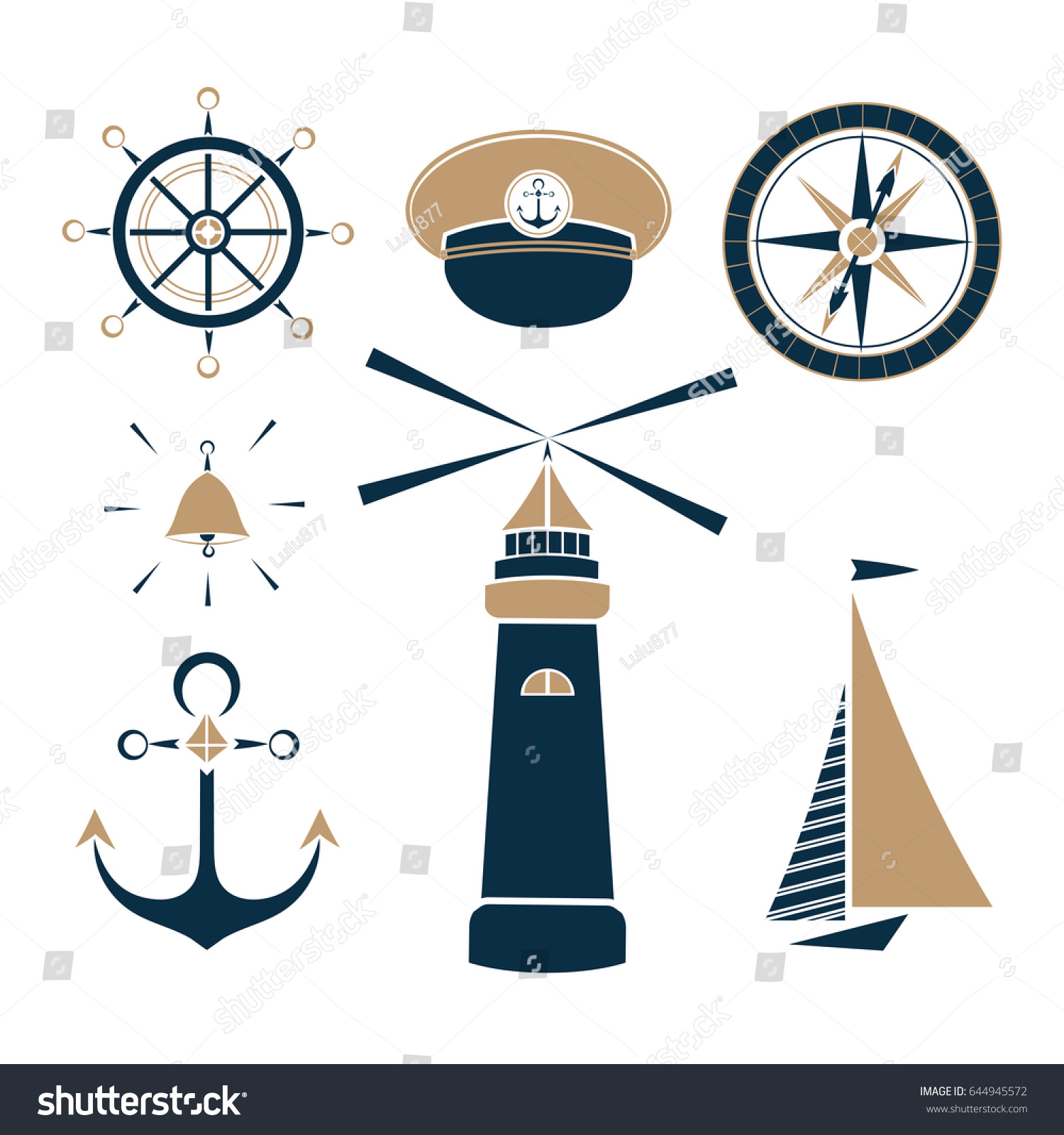 Set Marine Objects Wheel Captains Cap Stock Vector (Royalty Free ...