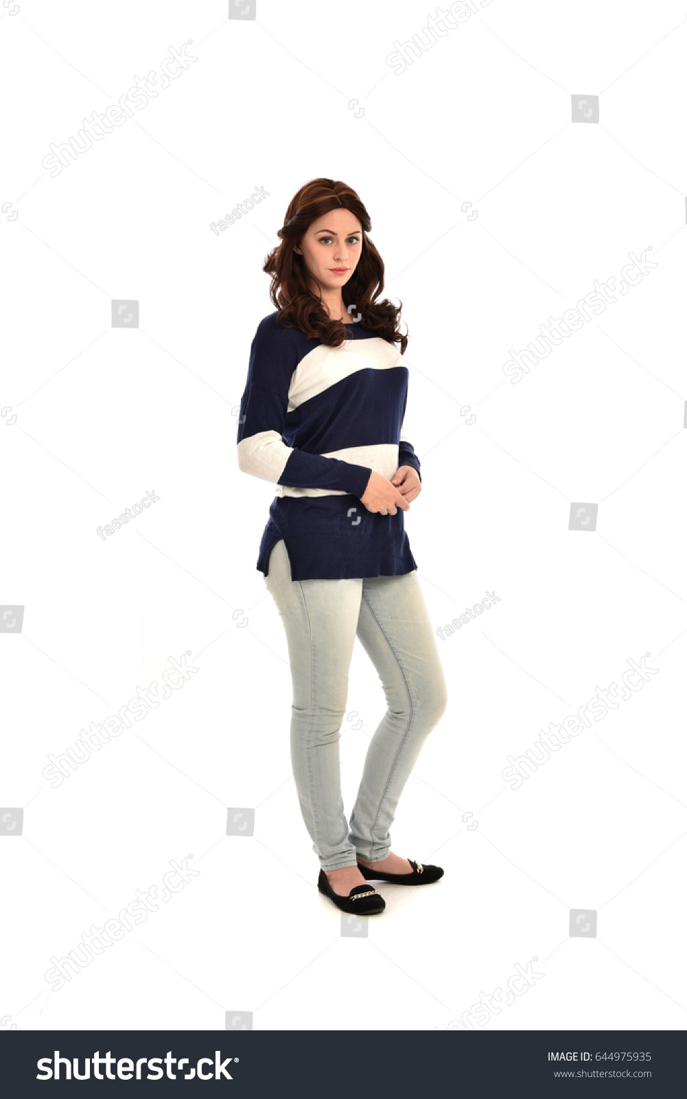 Full Length Portrait Brunette Girl Wearing Stock Photo