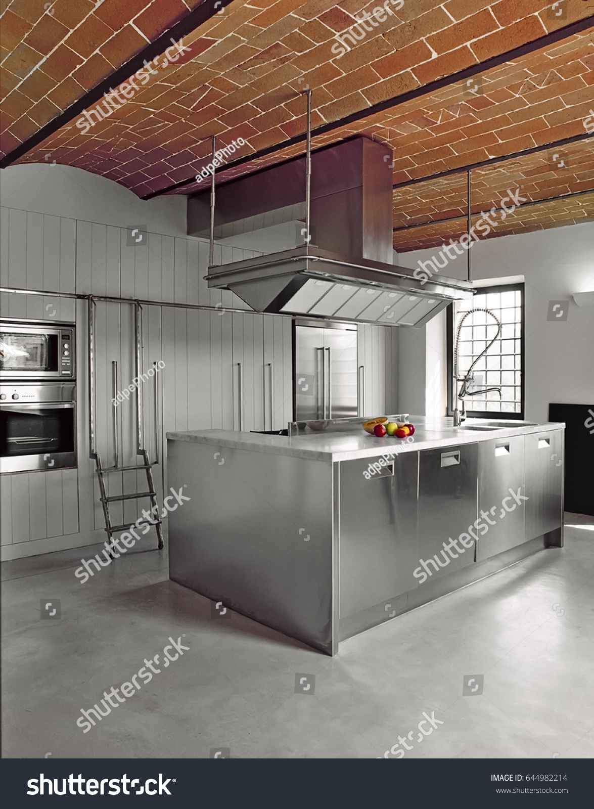 Modern Steel Kitchen Island Concrete Floor Stock Photo 644982214   Stock Photo Modern Steel Kitchen Island With Concrete Floor And Brick Ceiling 644982214 