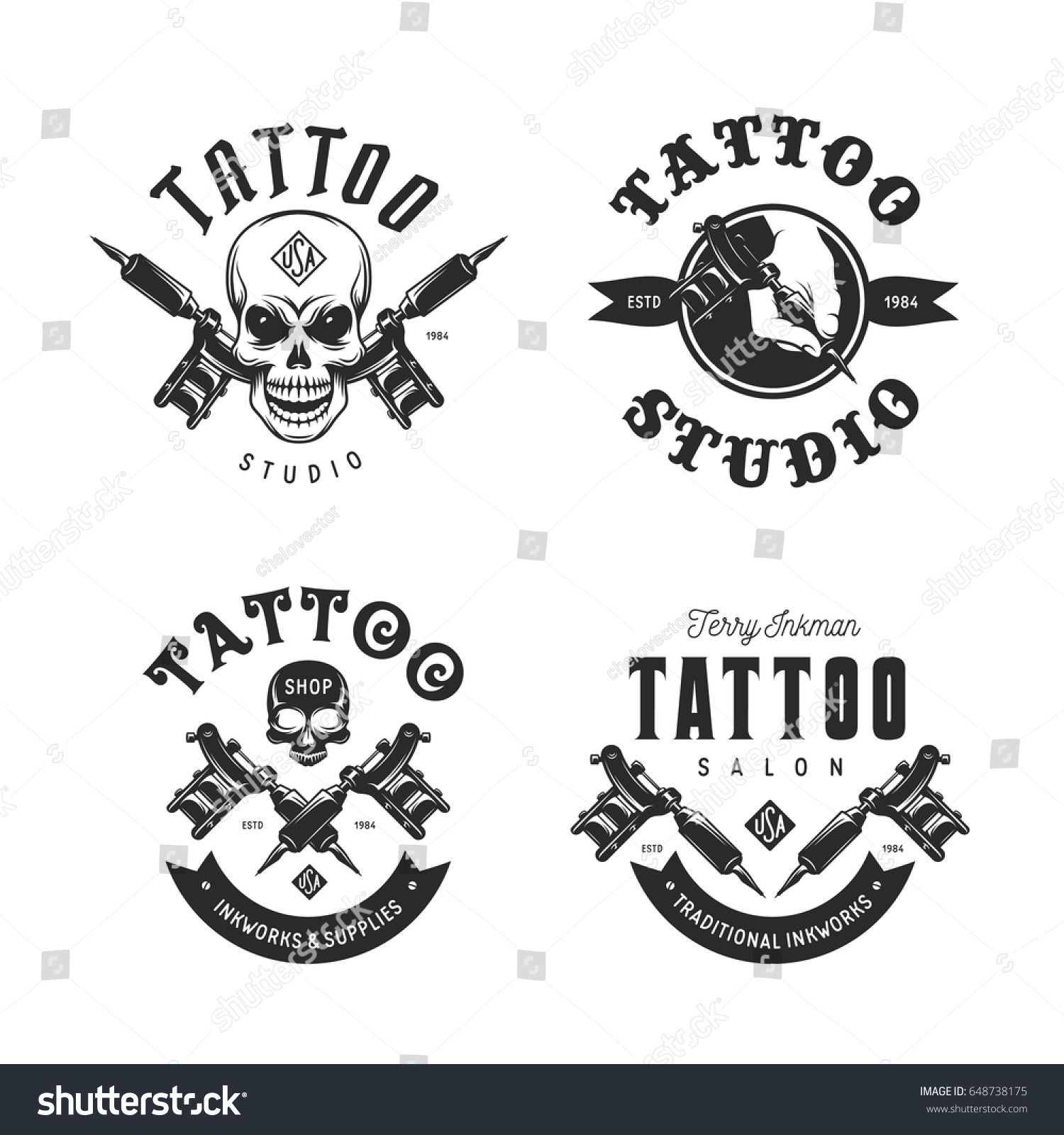 Tattoo Studio Emblems Set Hand Holding Stock Vector (Royalty Free ...