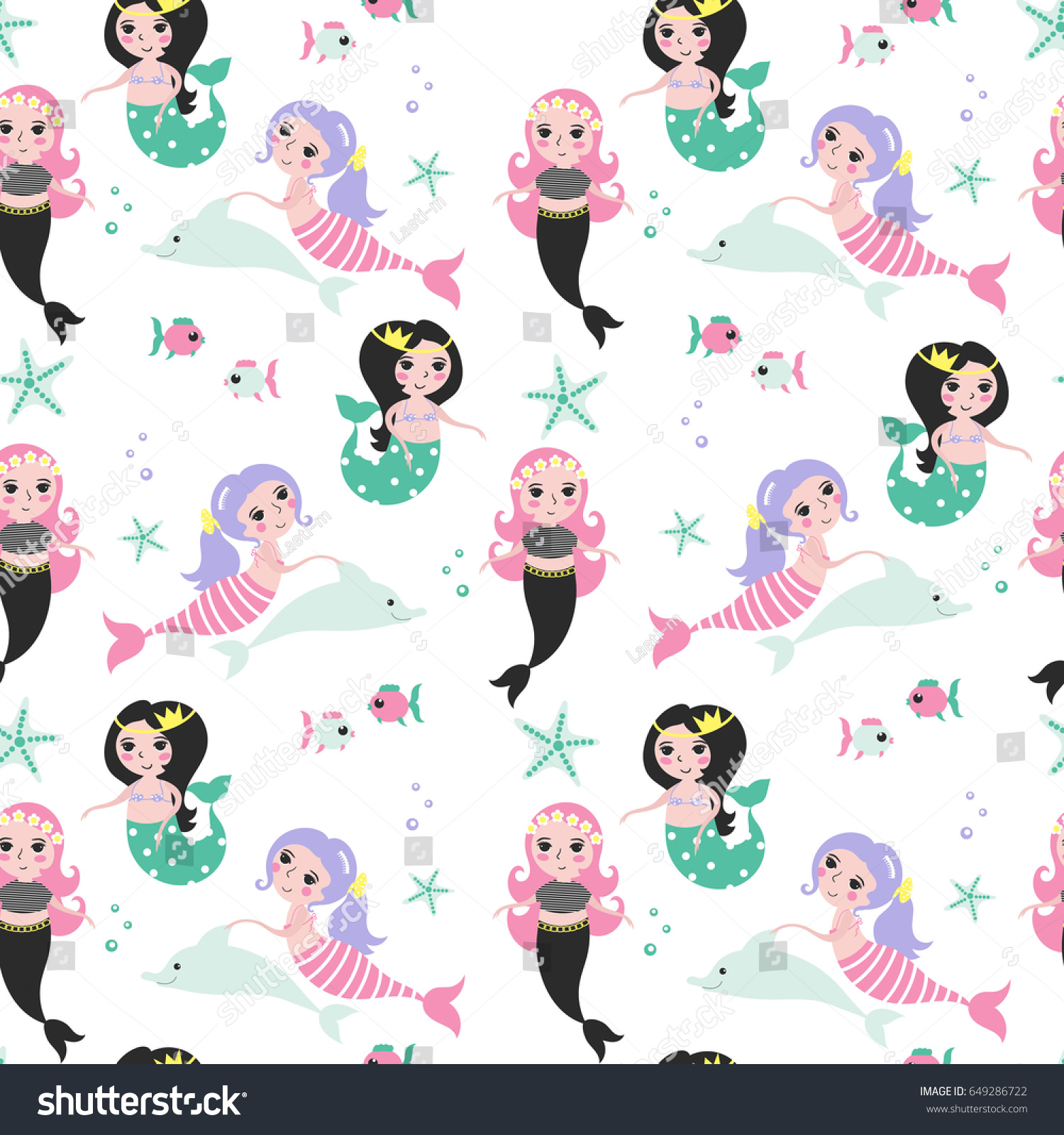 Seamless Pattern Different Cute Mermaids Dolphin Stock Vector (Royalty ...