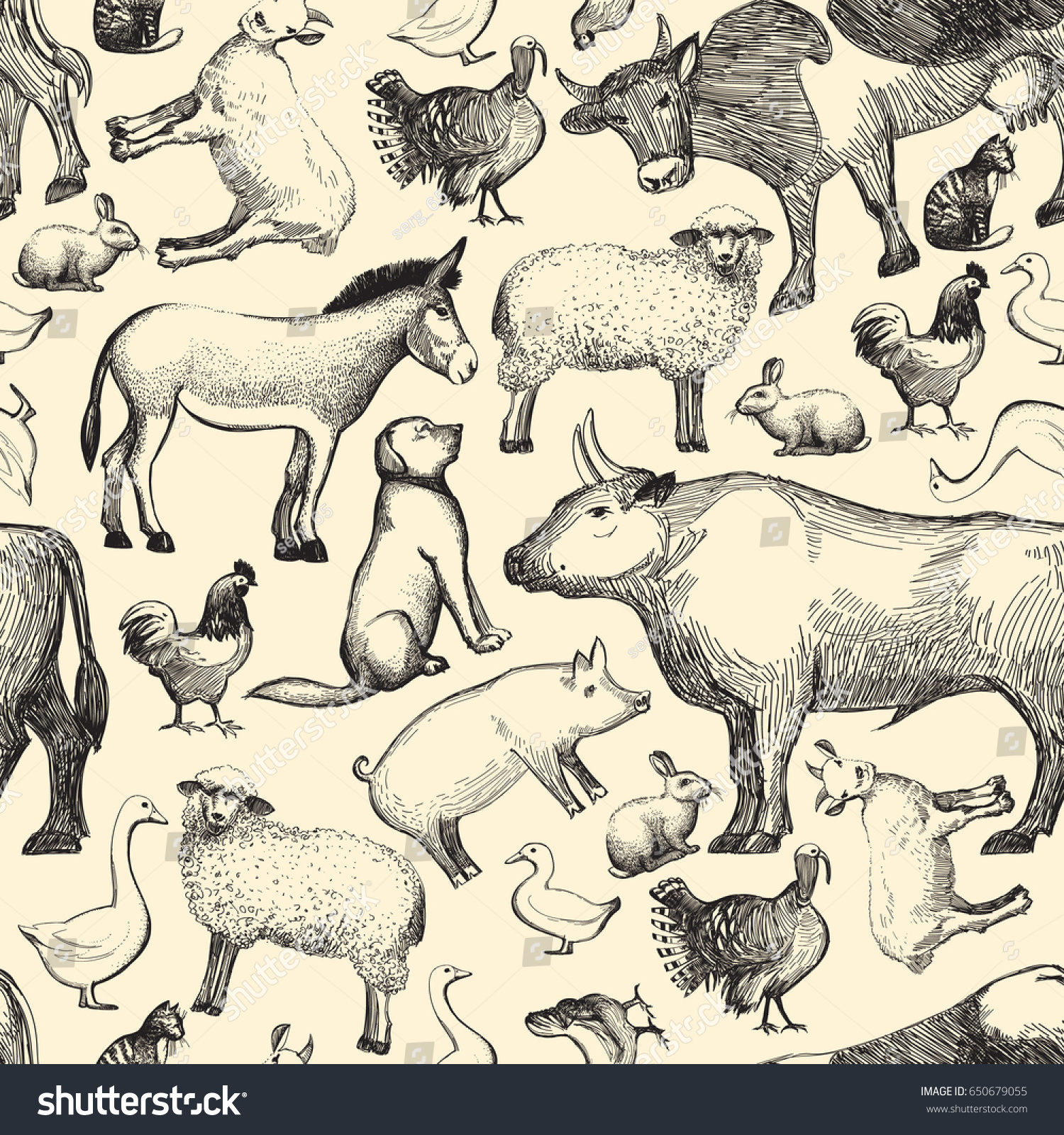 Farm Animals Doodle Seamless Pattern Template Stock Illustration ...