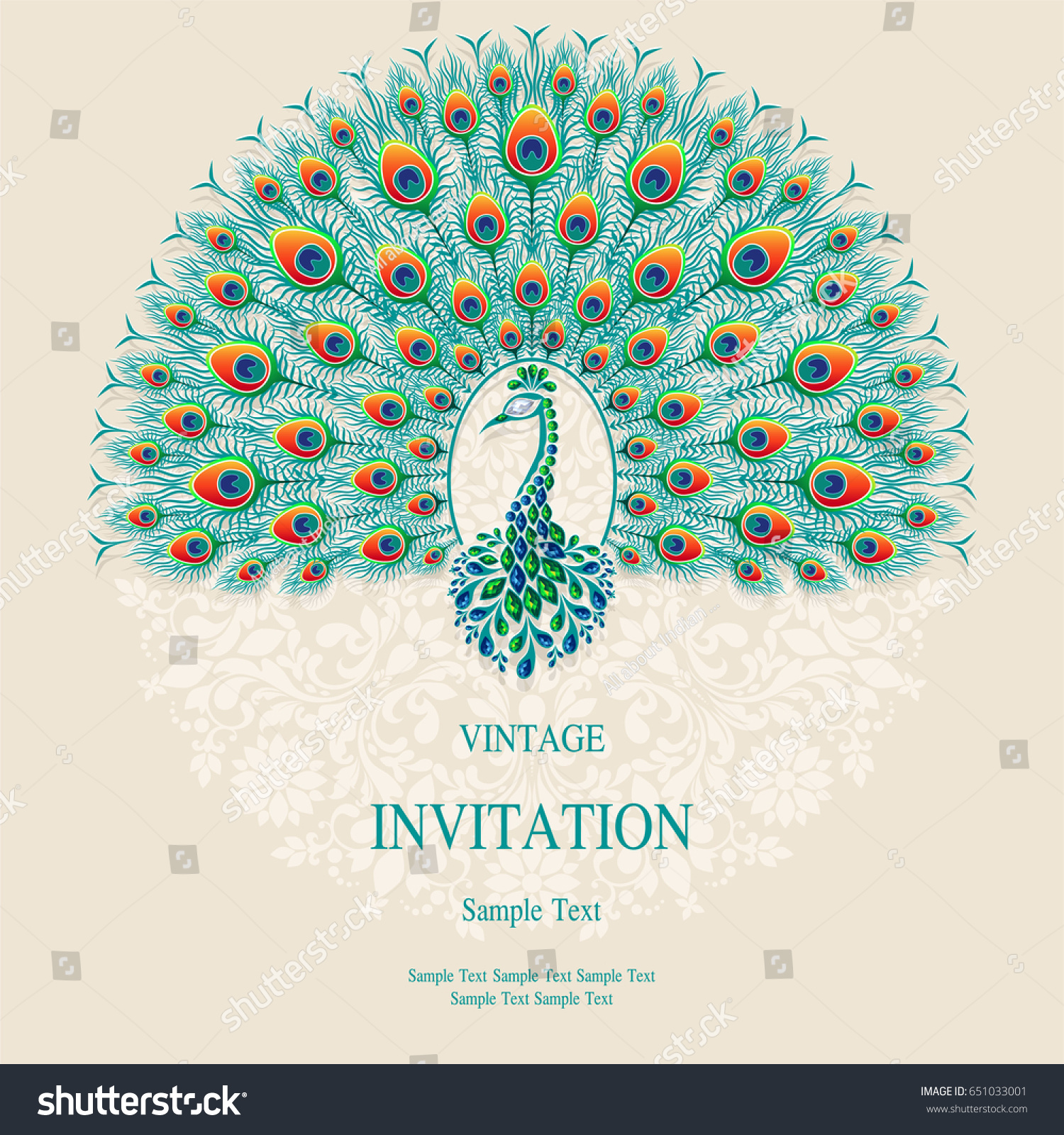 Invitation Card Templates Peacock Patterned Crystals Stock Vector