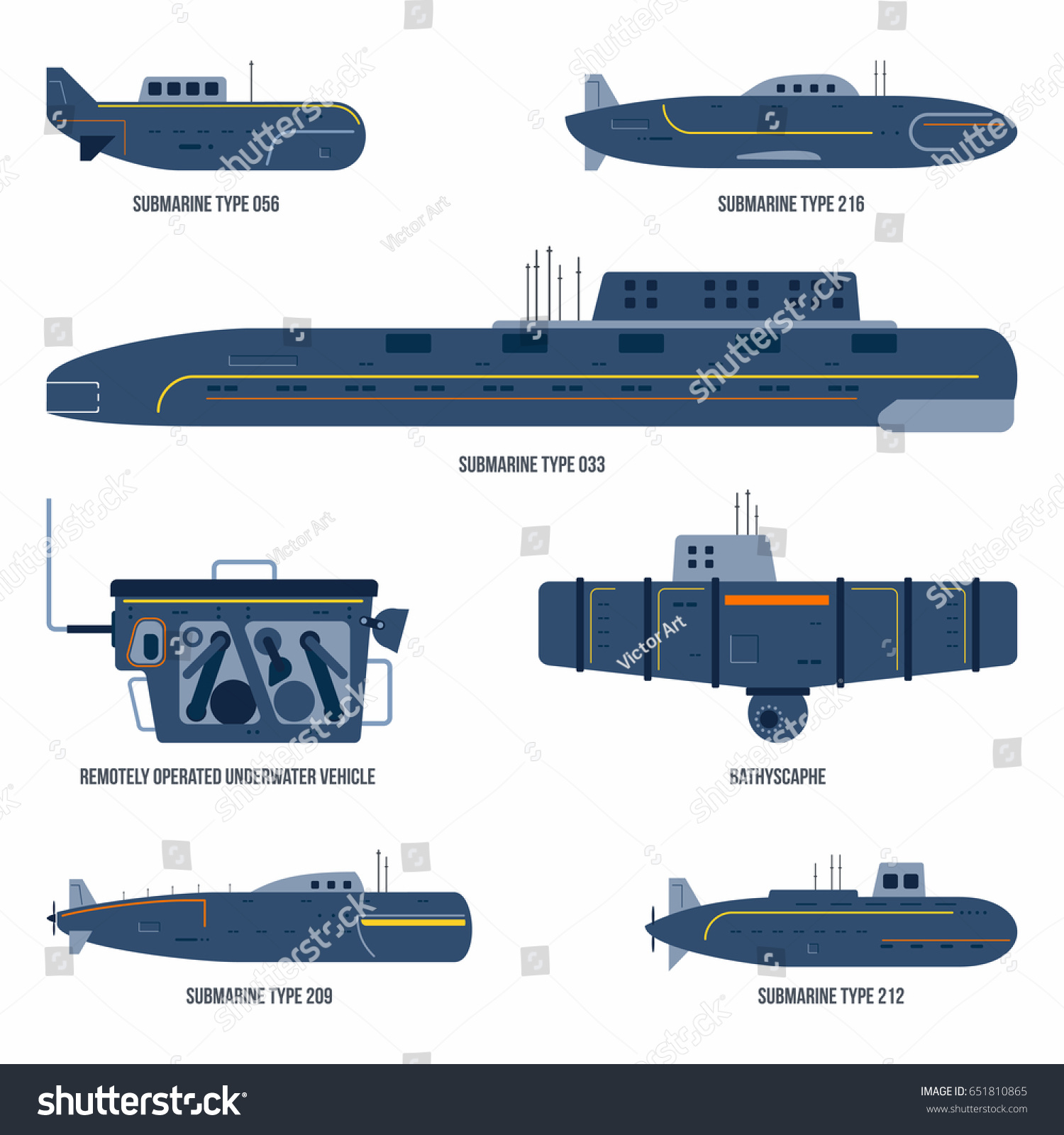 Military Submarine Ship Collection Different Types Stock Vector ...