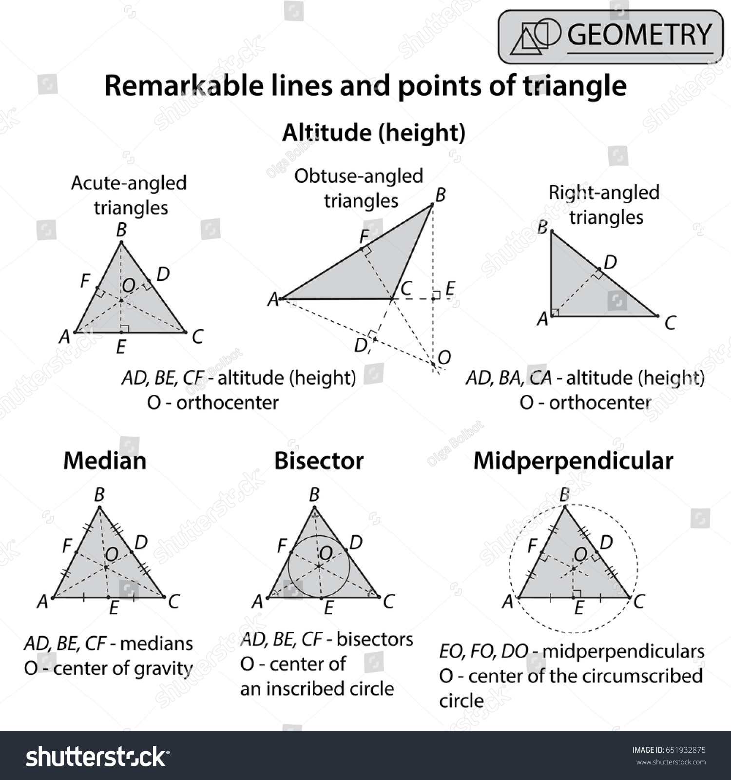 Geometry Remarkable Lines Points Triangle On Stock Vector (Royalty Free ...