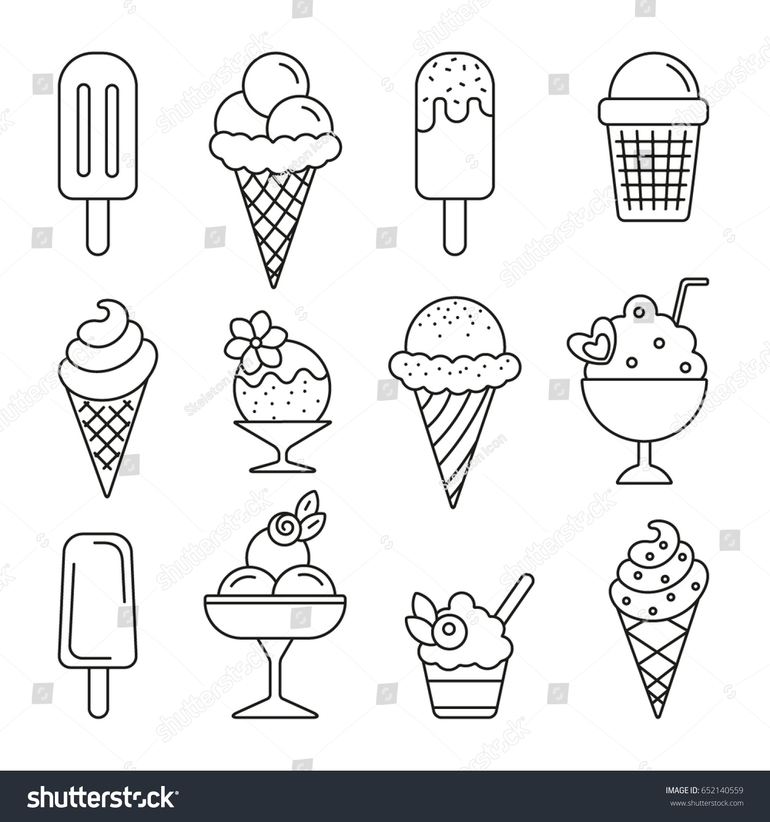 Ice Cream Thin Monochrome Icon Set Stock Vector (Royalty Free ...