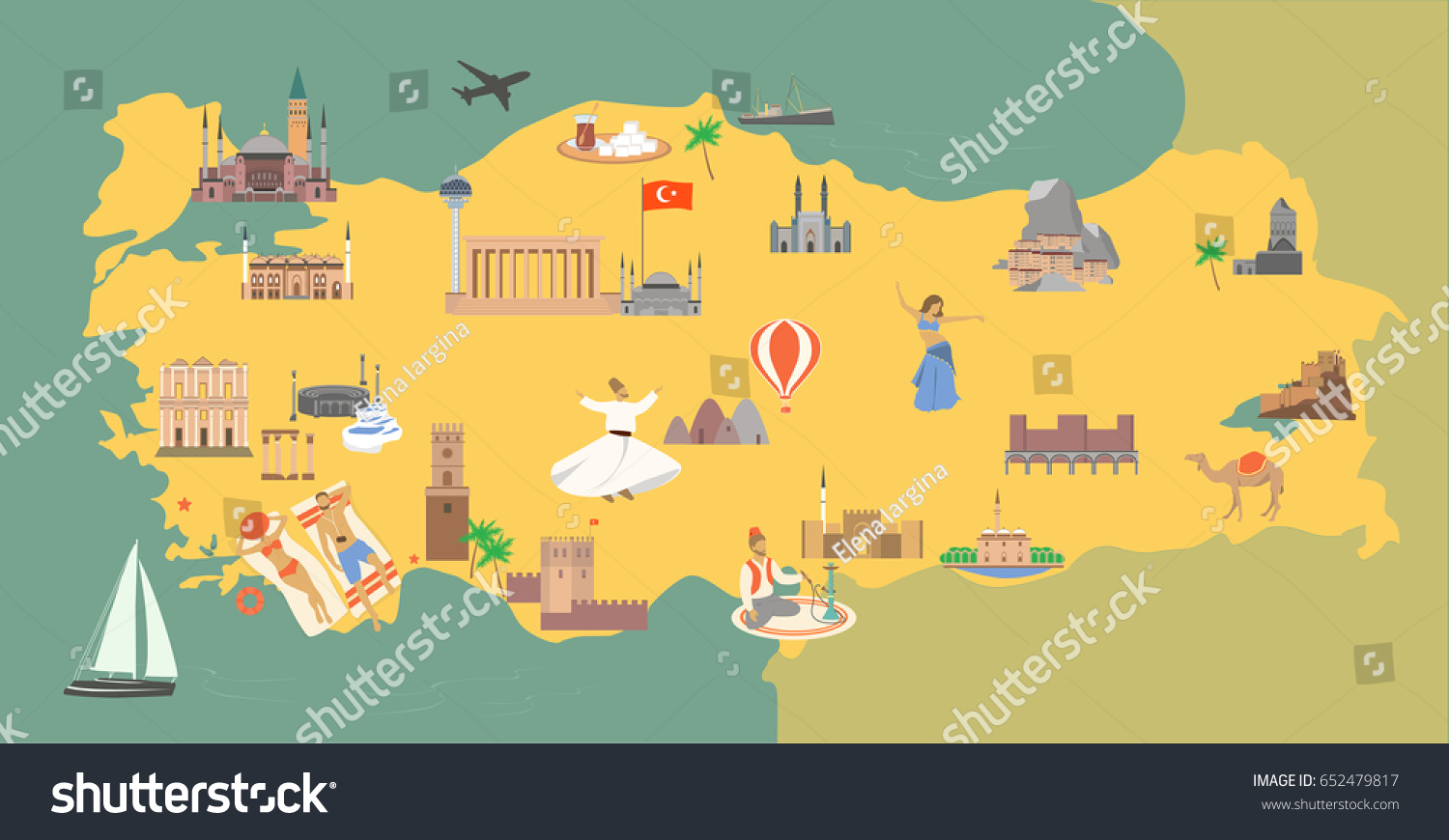 Map Turkey Main Sights Tourists Turkish Stock Vector (Royalty Free ...