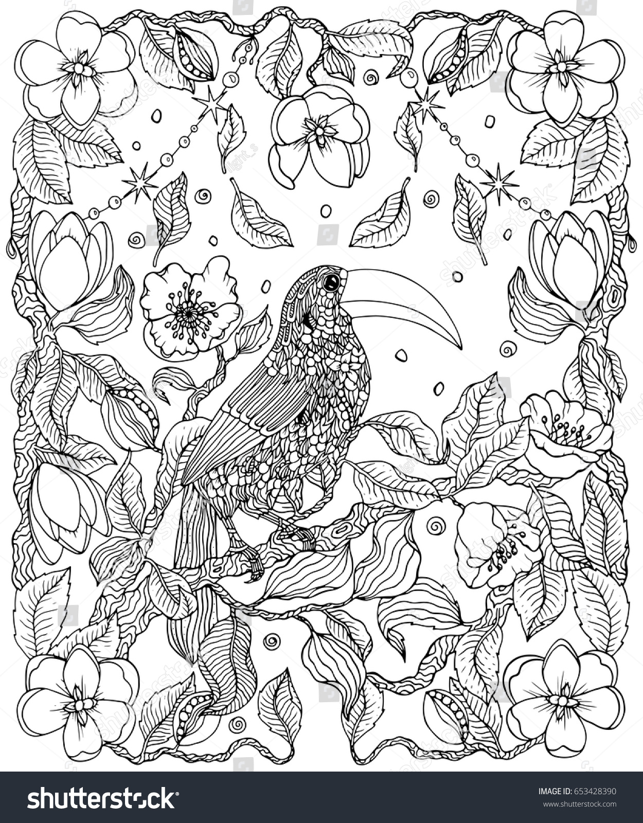 Toucan Flowers Coloring Page Stock Vector (Royalty Free) 653428390 ...