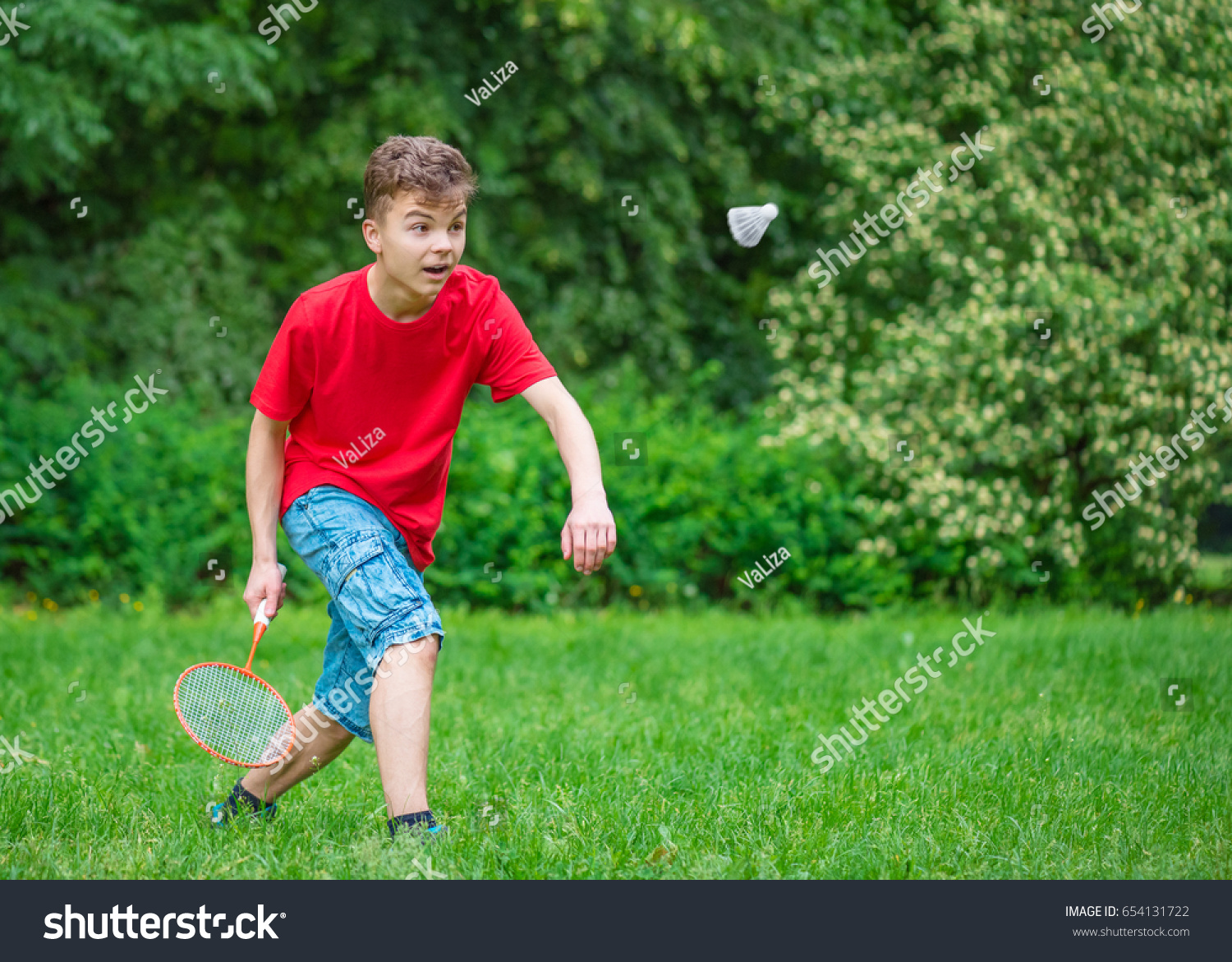 Young Teen Boy Playing Badminton Meadow Stock Photo 654131722 