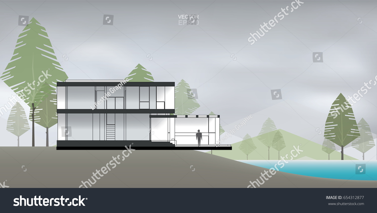 Modern House At Lake Stock Vector Illustration Of Hill   158625547