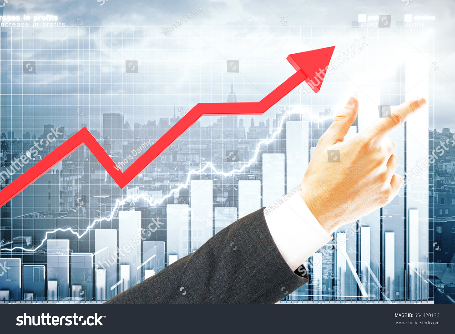 Red Chart Arrow Pointing Businessmans Hand Stock Photo 654420136 ...