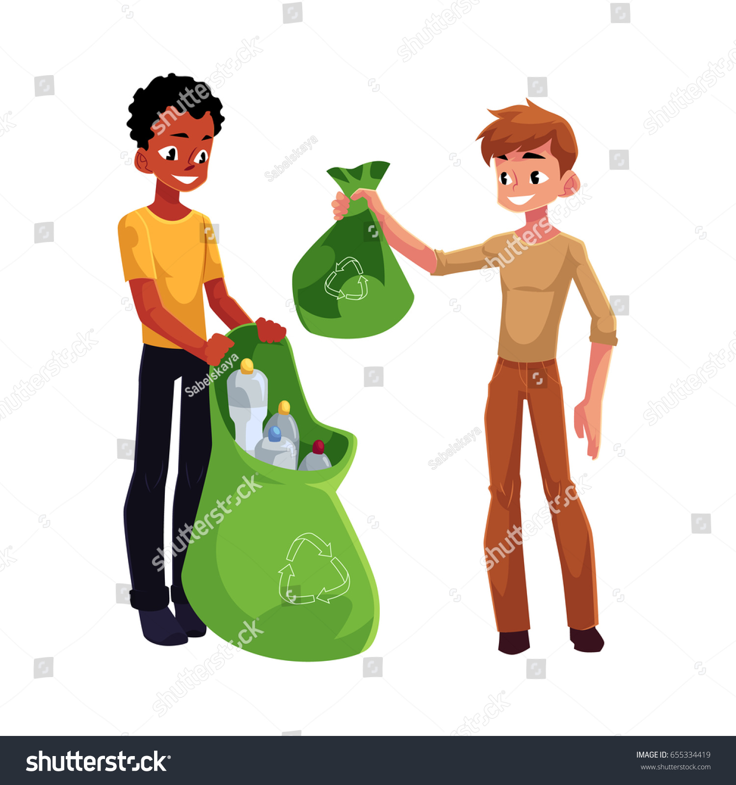 Two Men Collect Plastic Bottles Into Stock Vector (Royalty Free ...