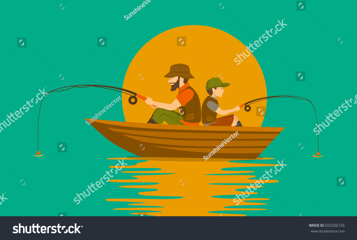 Папа и сын на лодке рыбачат