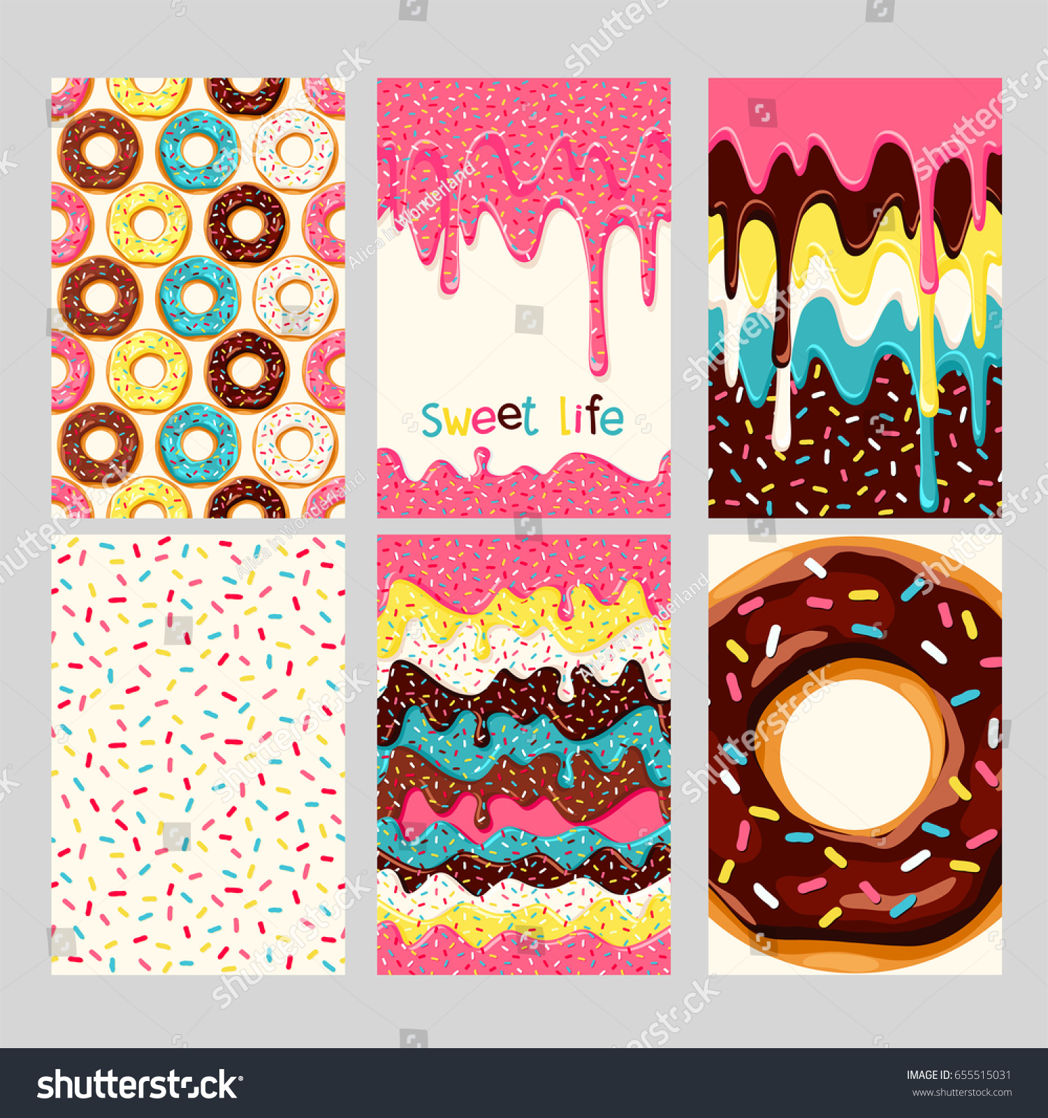 Set Bright Donut Cards Set Donuts Stock Vector (Royalty Free) 655515031 ...