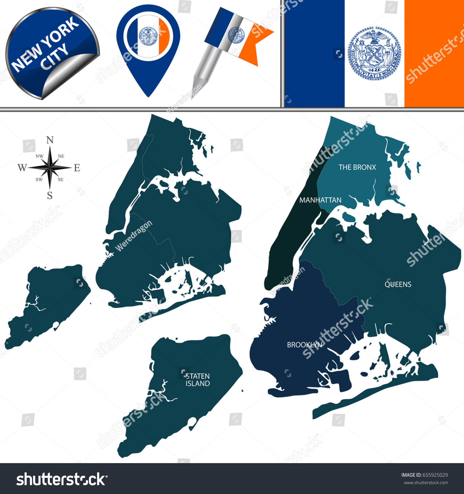 Vector Map Boroughs New York City Stock Vector (Royalty Free) 655925029 ...