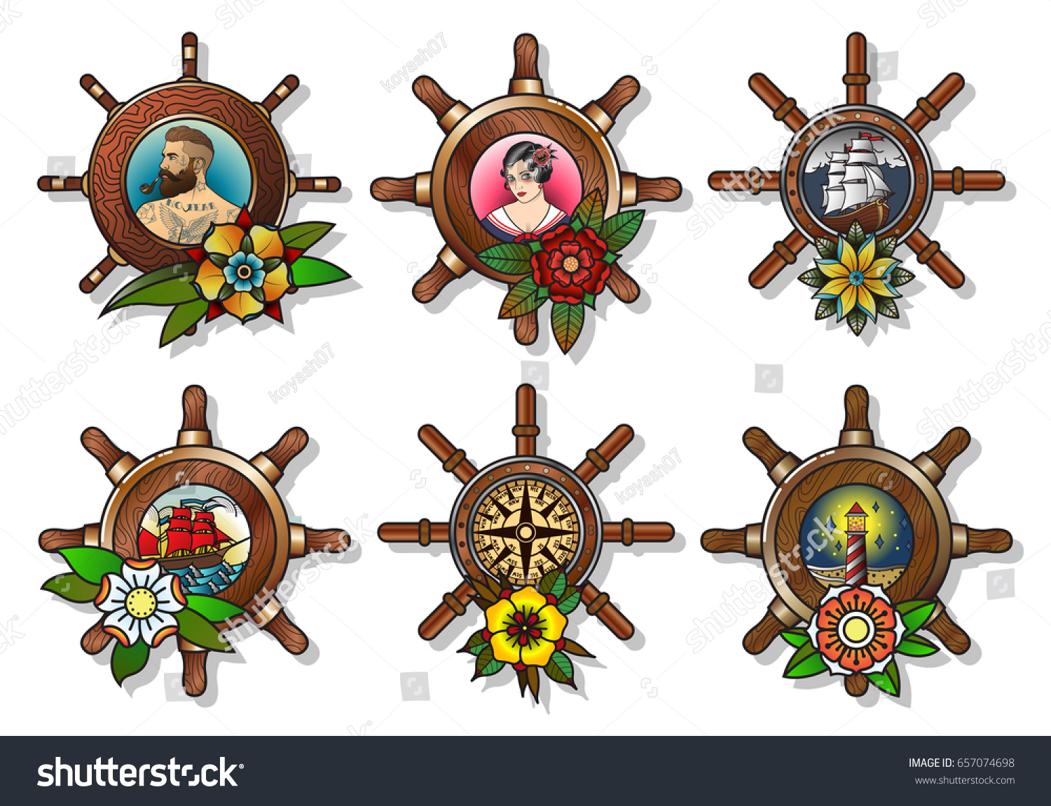 Vector Ships Wheel Traditional Tattoo Drawing Stock Vector (Royalty