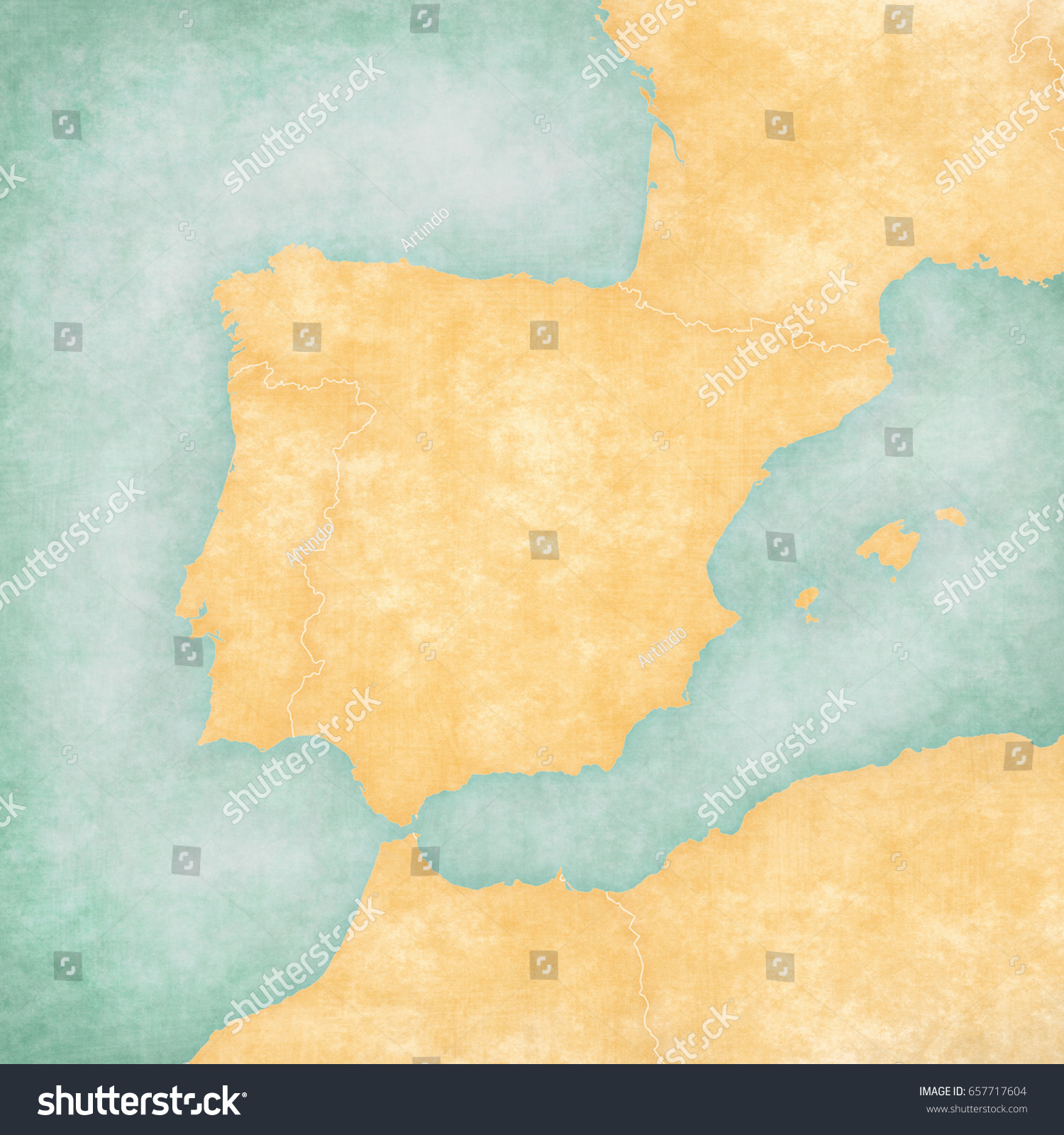 Stock Photo Blank Map Of Iberian Peninsula With Country Borders In Soft Grunge And Vintage Style On Old Paper 657717604 