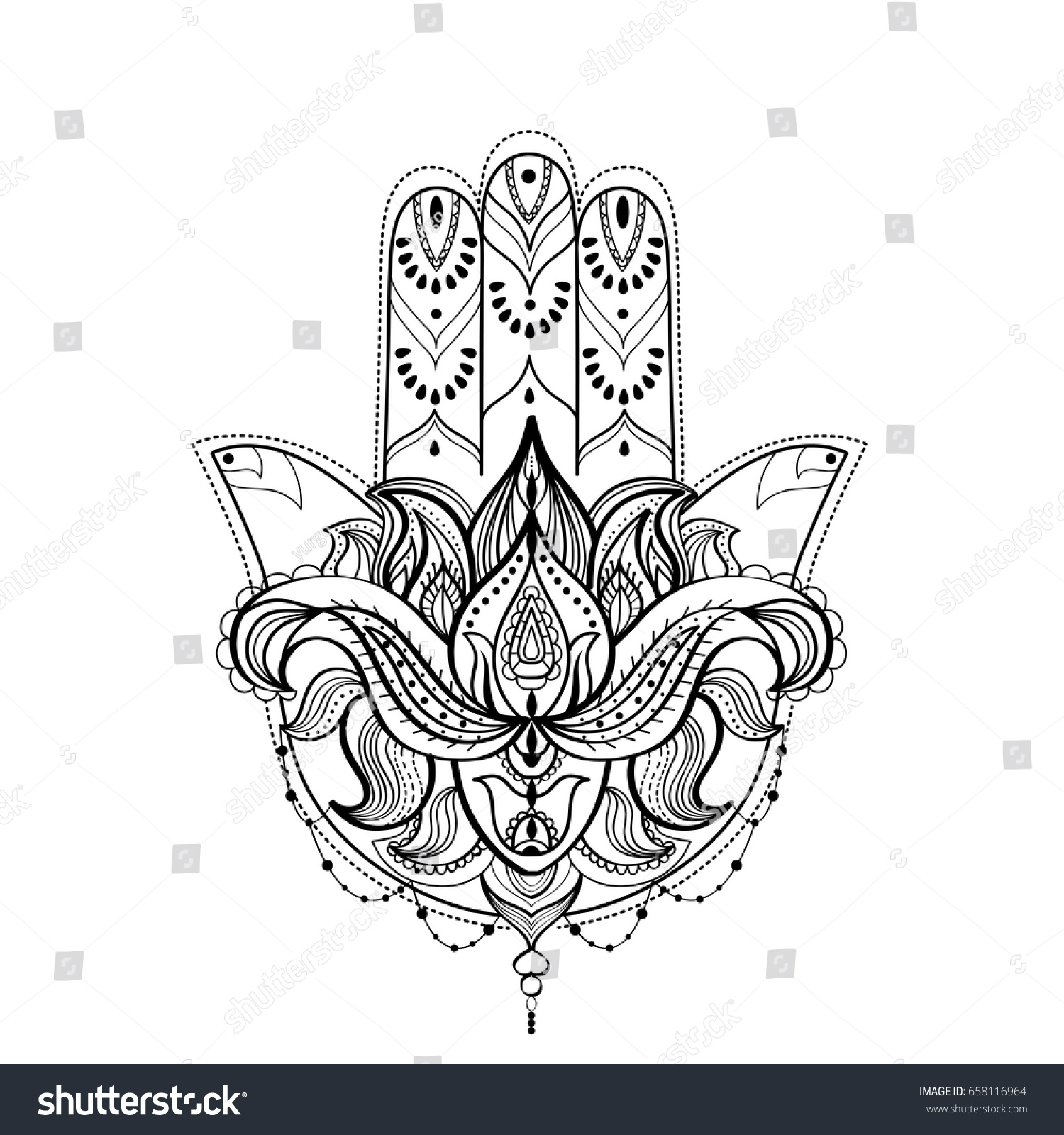 Hamsa Hand Lotus Flower Black White Stock Vector (Royalty Free ...