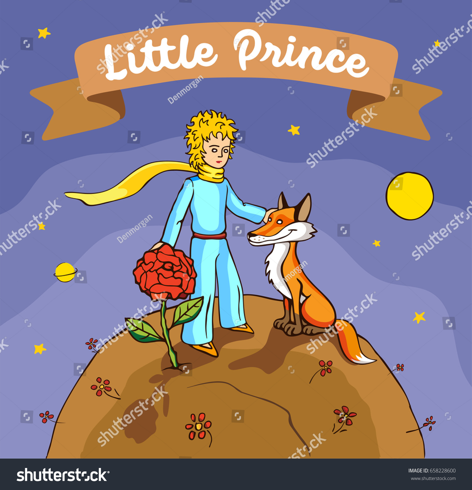 Маленький принц с розой и лисенком рисунок