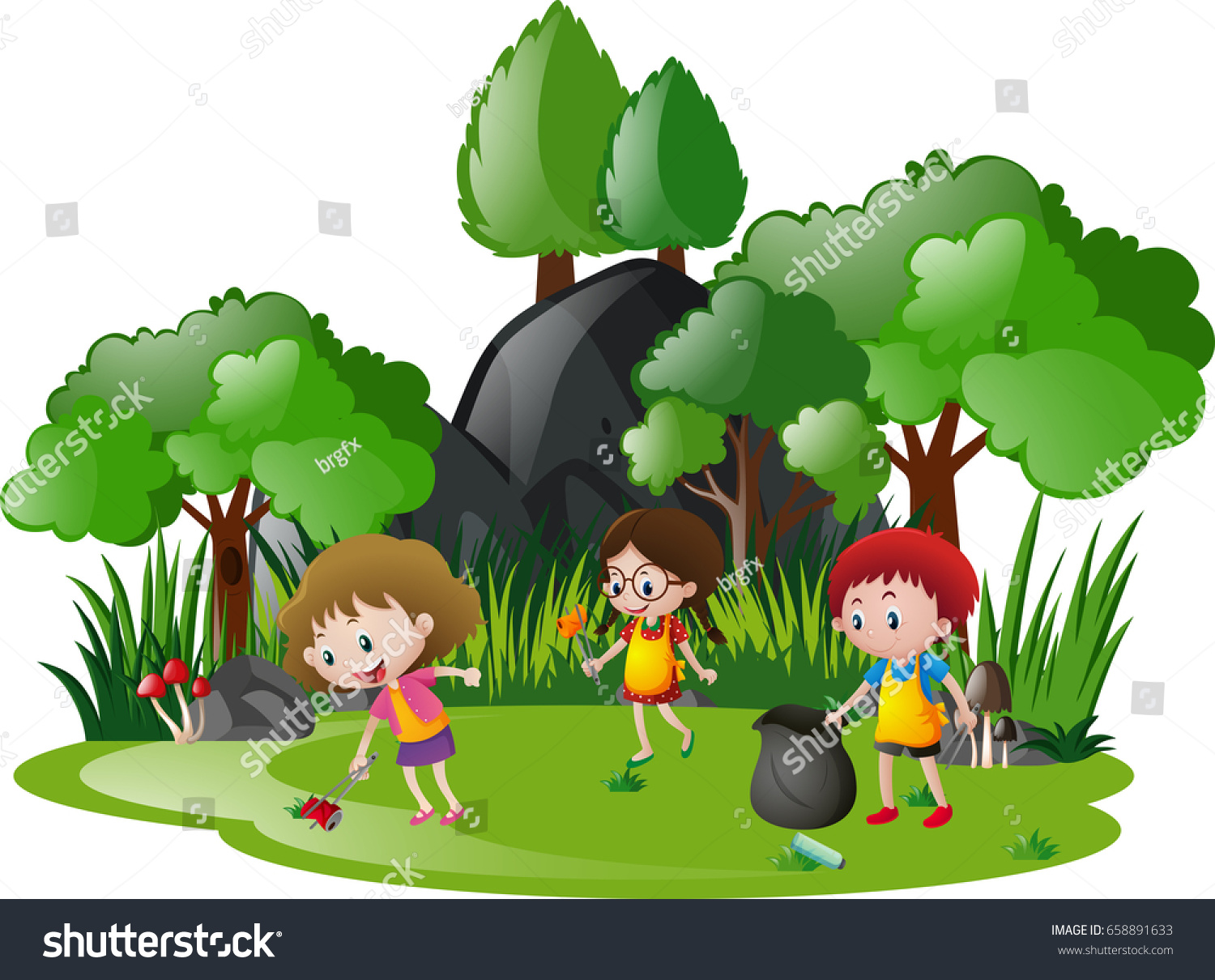 Дети собирают мусор в лесу