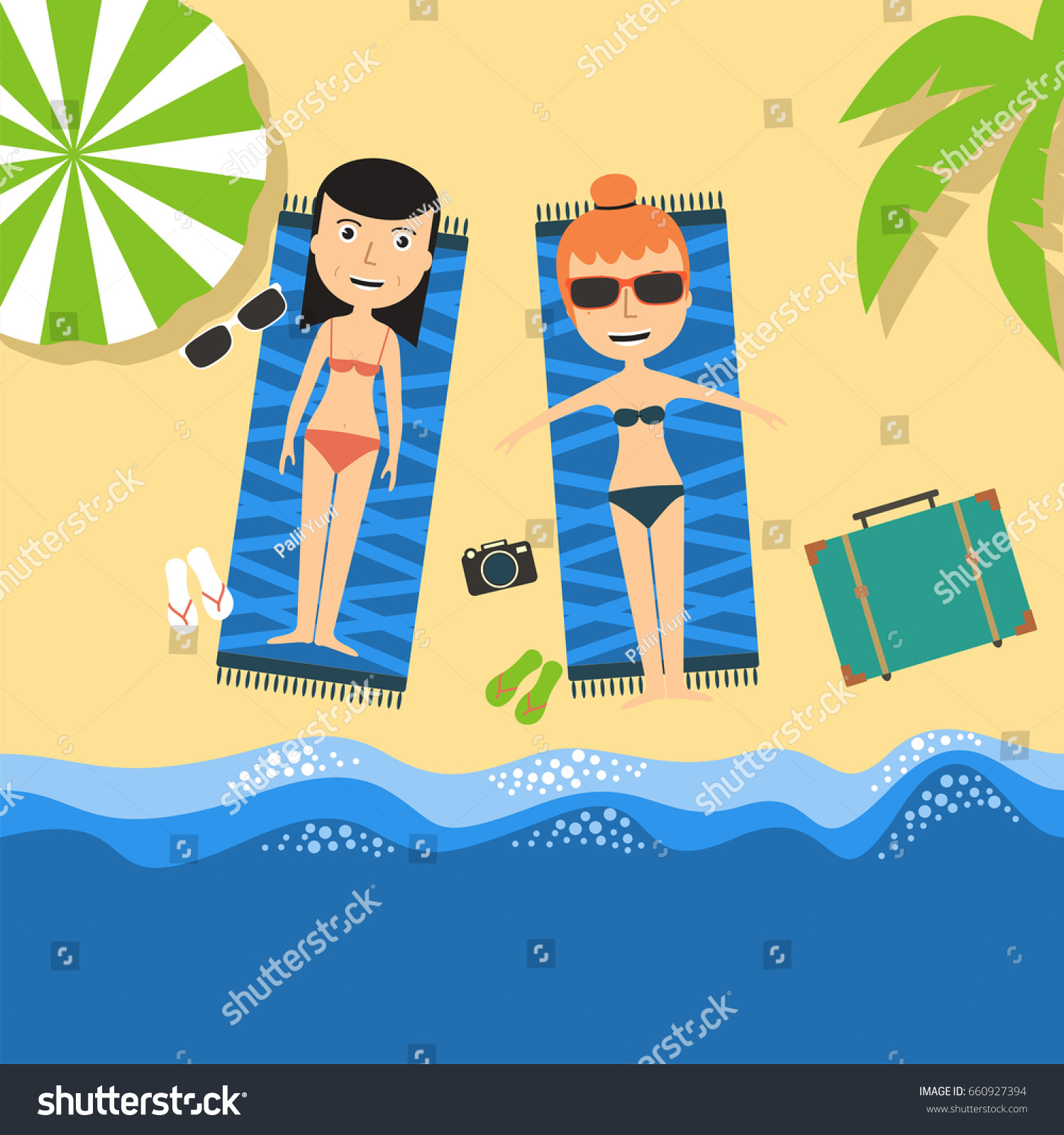 Travel Vacation Two Young Woman Lying Stock Vector (Royalty Free ...