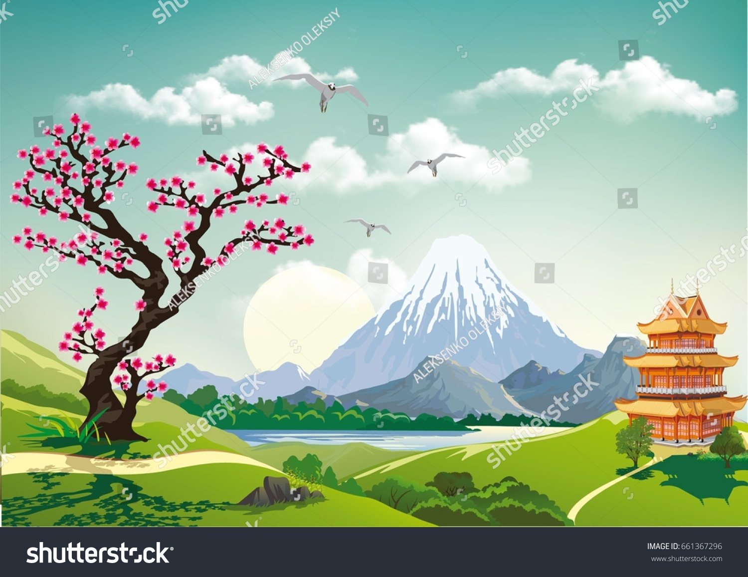 Японский пейзаж Сакура вектор