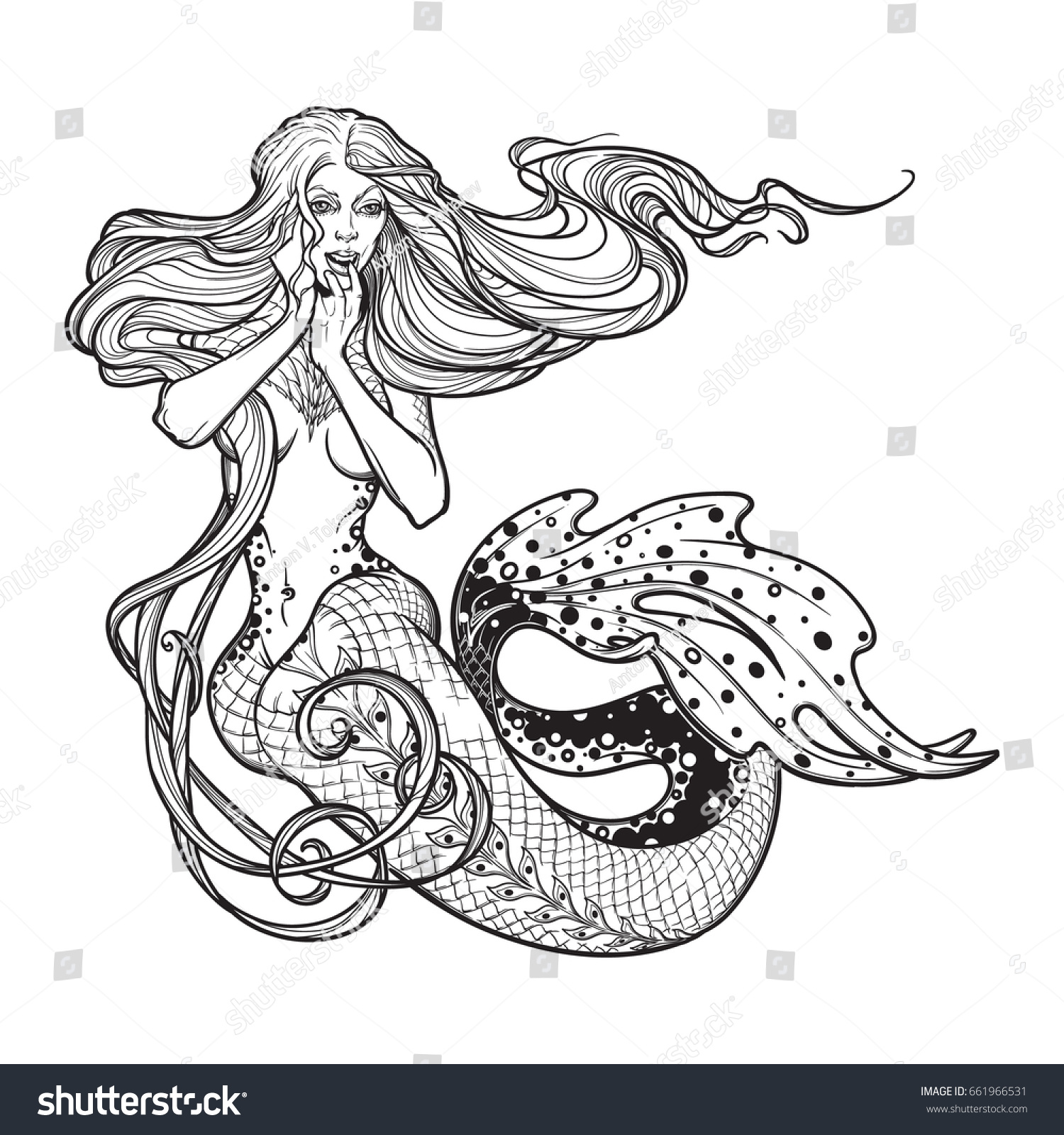 Beautiful Mermaid Girl Sitting Hand Drawn Stock Vector (Royalty Free ...