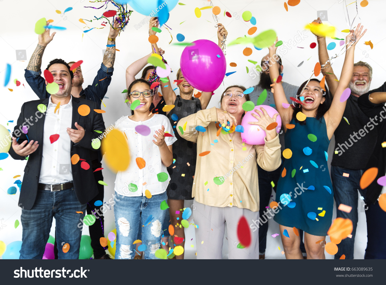 Group Diverse People Party Balloons Confetti Stock Photo 663089635 ...