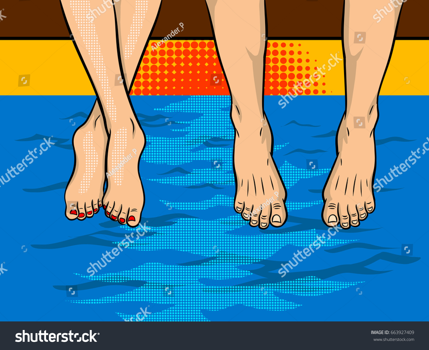 Feet Couple Above Water On Pier Stock Vector Royalty Free 663927409