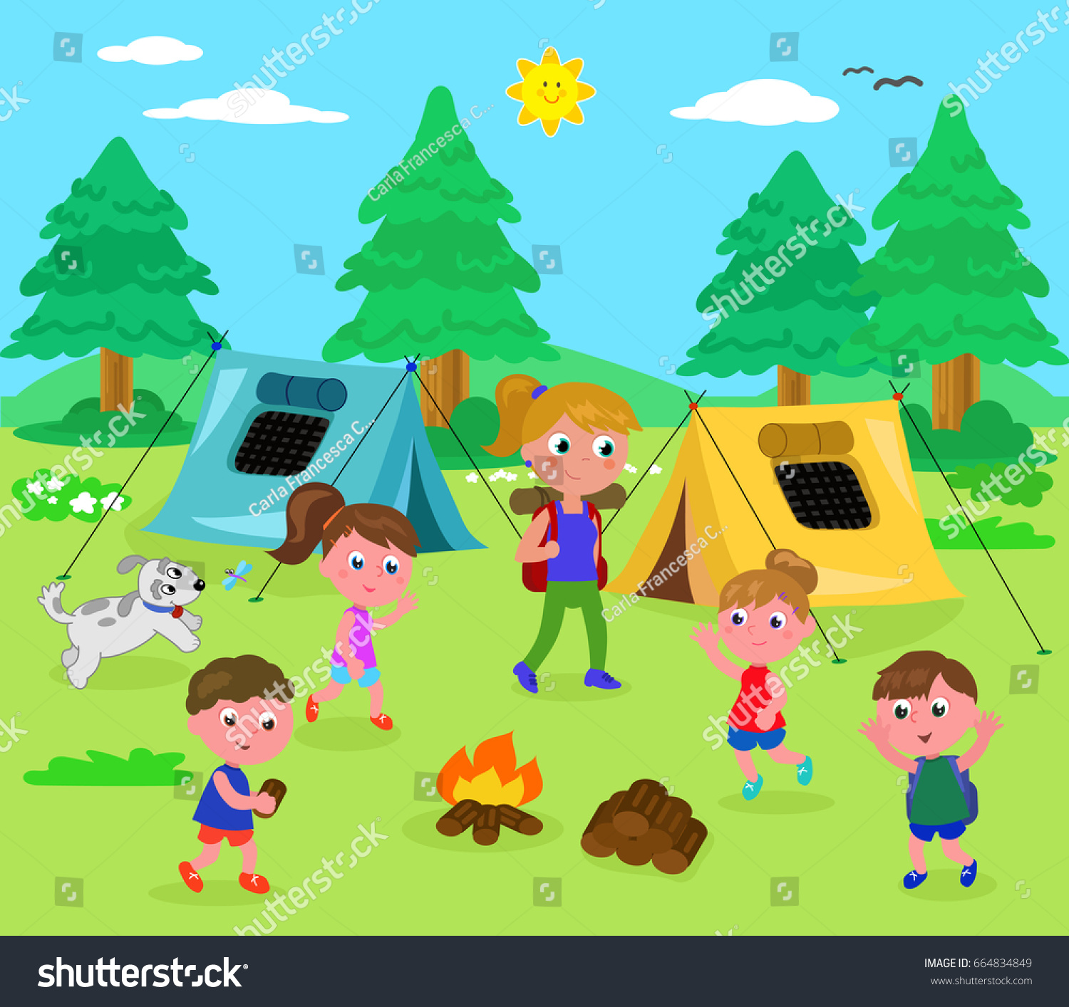 Camping Kids Woman Wood Tents Cartoon Stock Vector (Royalty Free ...