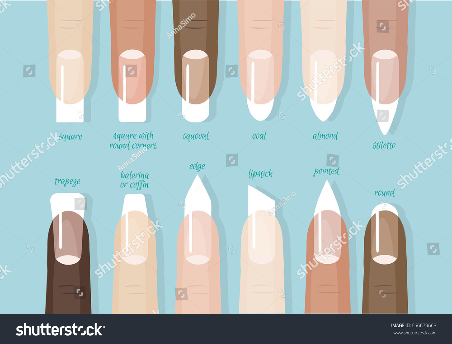 Collection Different Shapes Forms Nails French Stock Vector (Royalty ...