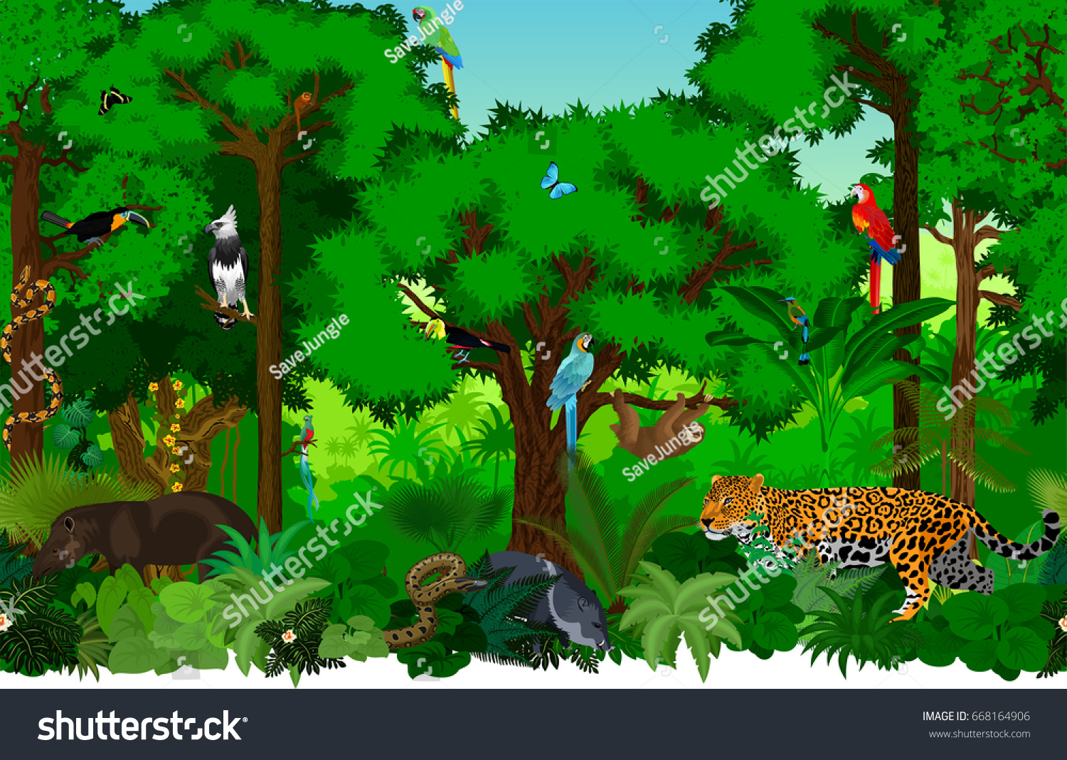 Vector Seamless Rainforest Jungle Background Animals Stock Vector ...