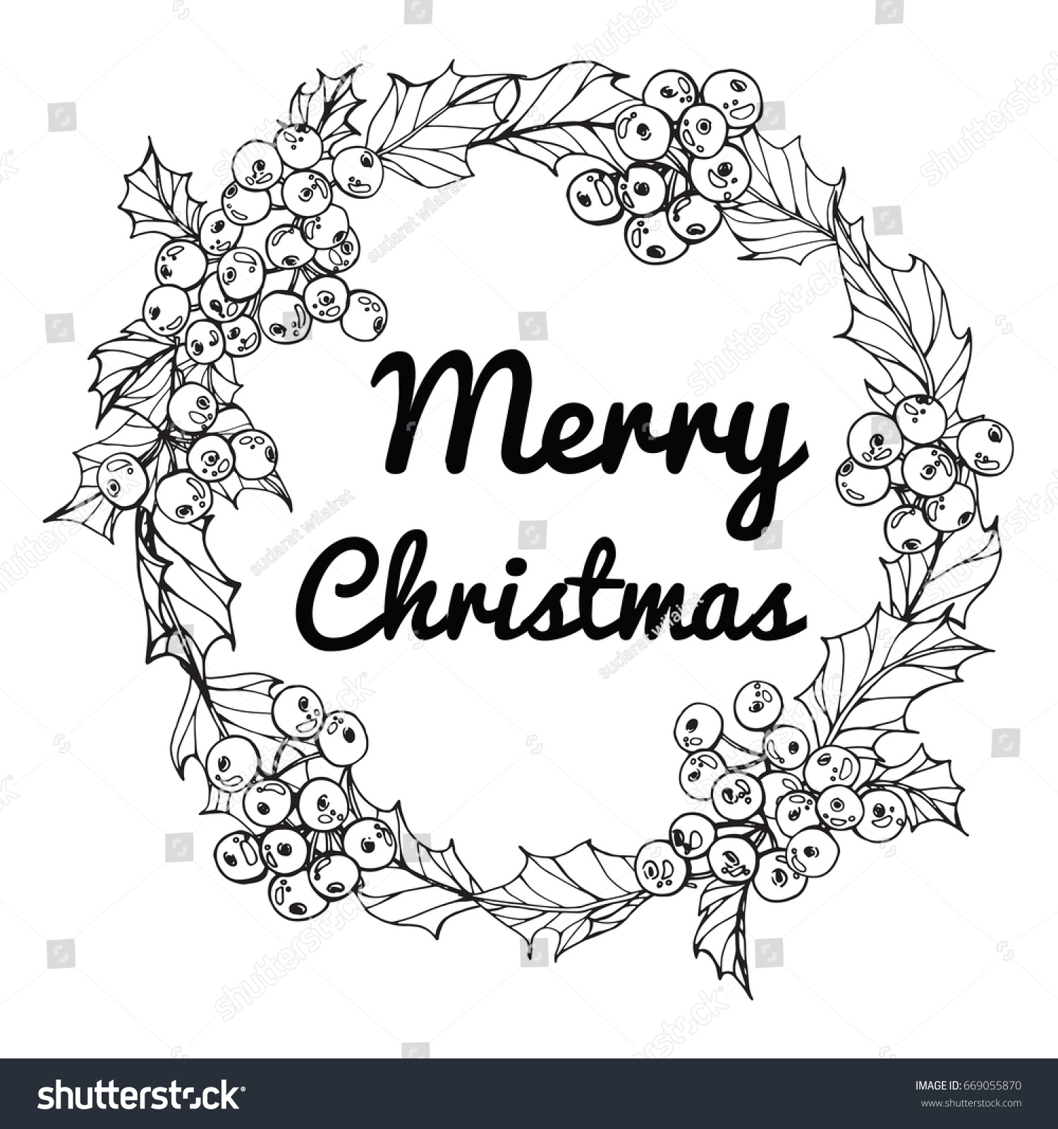 Wreath Merry Christmasday Line Art Black Stock Vector (Royalty Free ...