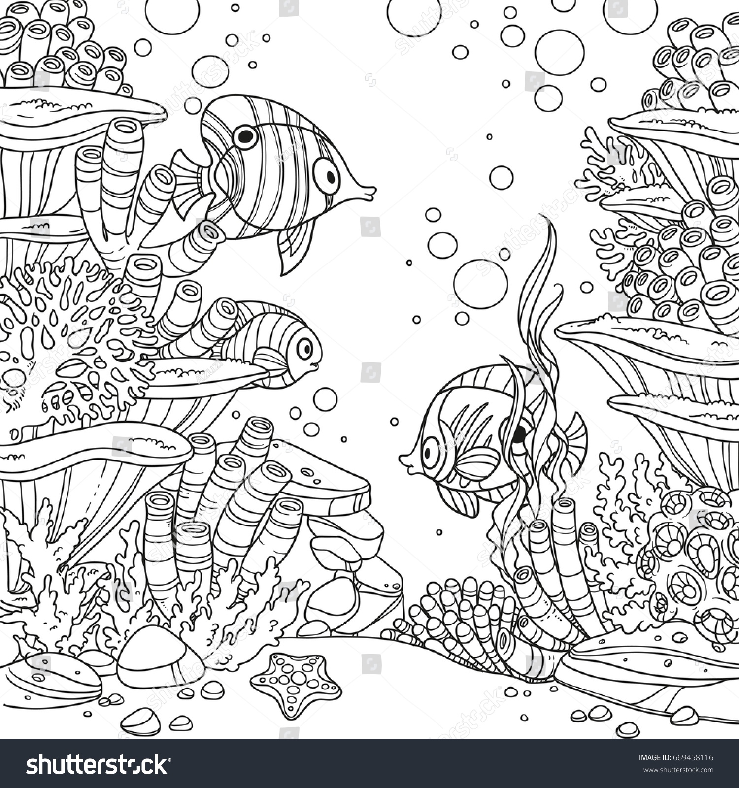 Underwater World Corals Fish Anemones Outlined Stock Vector (royalty 