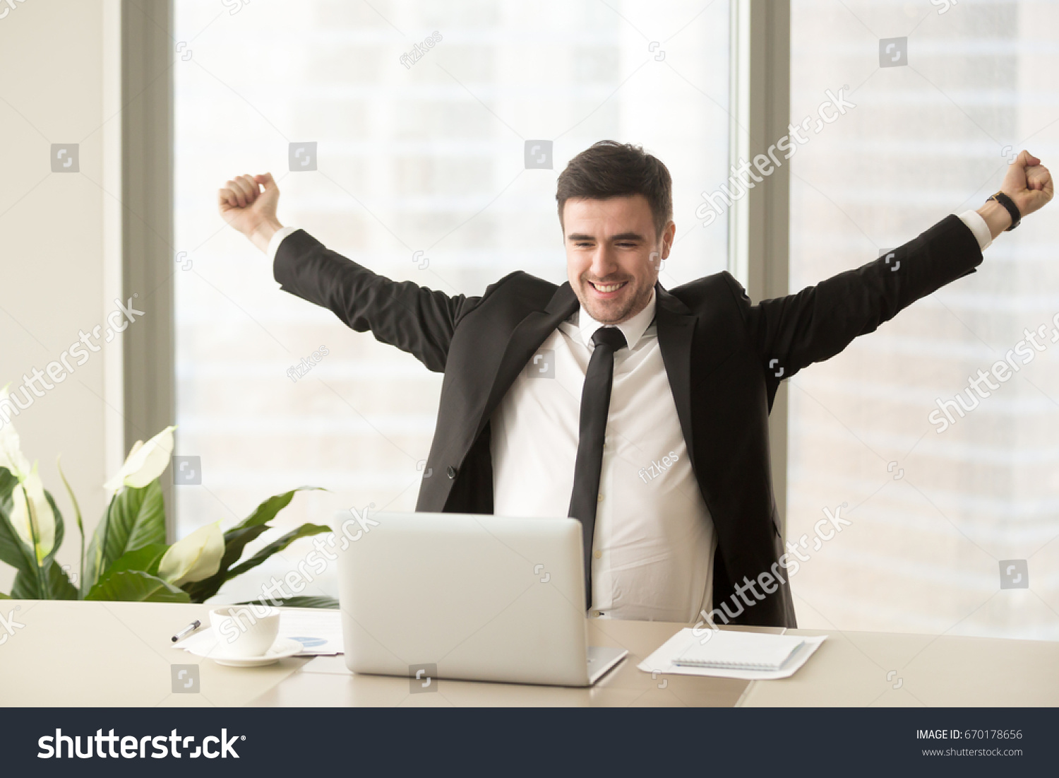 Happy Businessman Suit Raising Hands Looking Stock Photo 670178656 ...