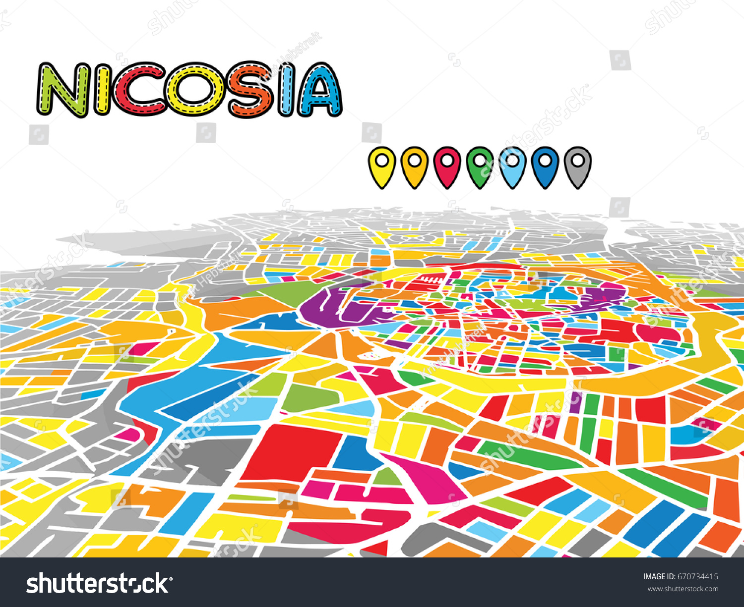 Stock Vector Nicosia Cyprus Downtown D Vector Map Of Famous Streets Bright Foreground Full Of Colors White 670734415 