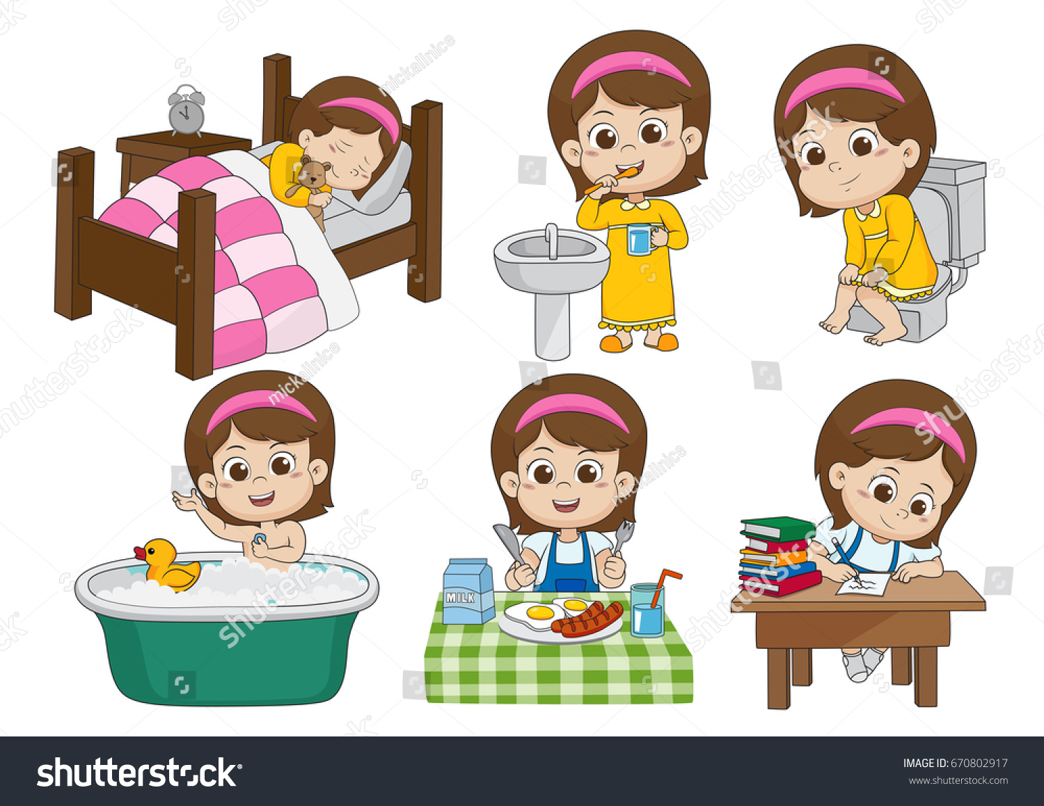 Set Daily Cute Girlwake Upbrushing Teethkid Stock Vector (Royalty Free ...