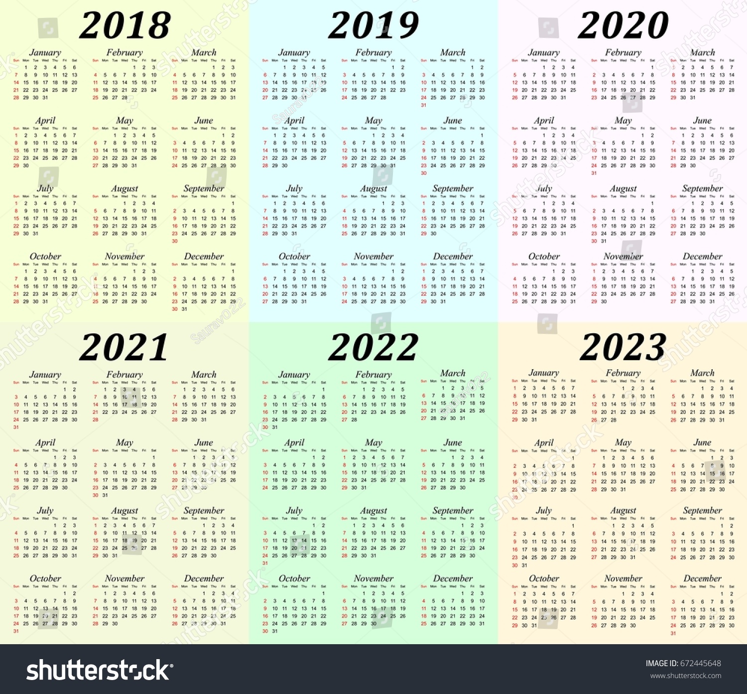 Vektor Stok Six Year Calendar 2018 2019 2020 (Tanpa Royalti) 672445648