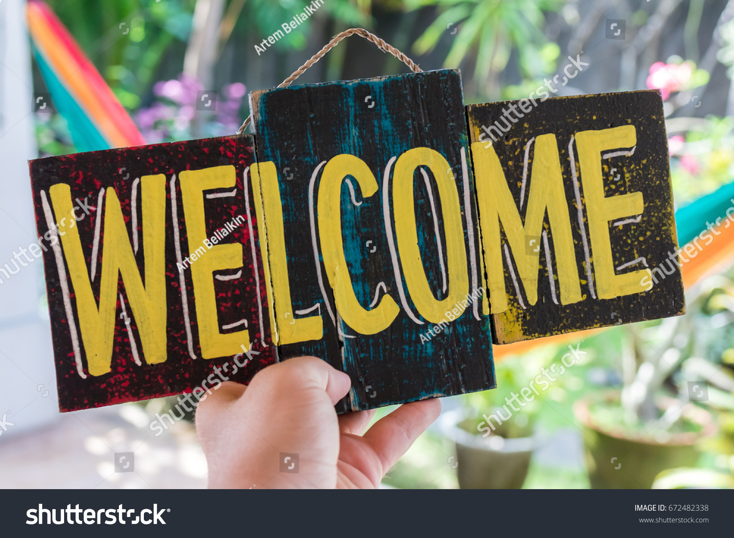 Wooden Board Text Welcome Man Hand Stock Photo 672482338 Shutterstock