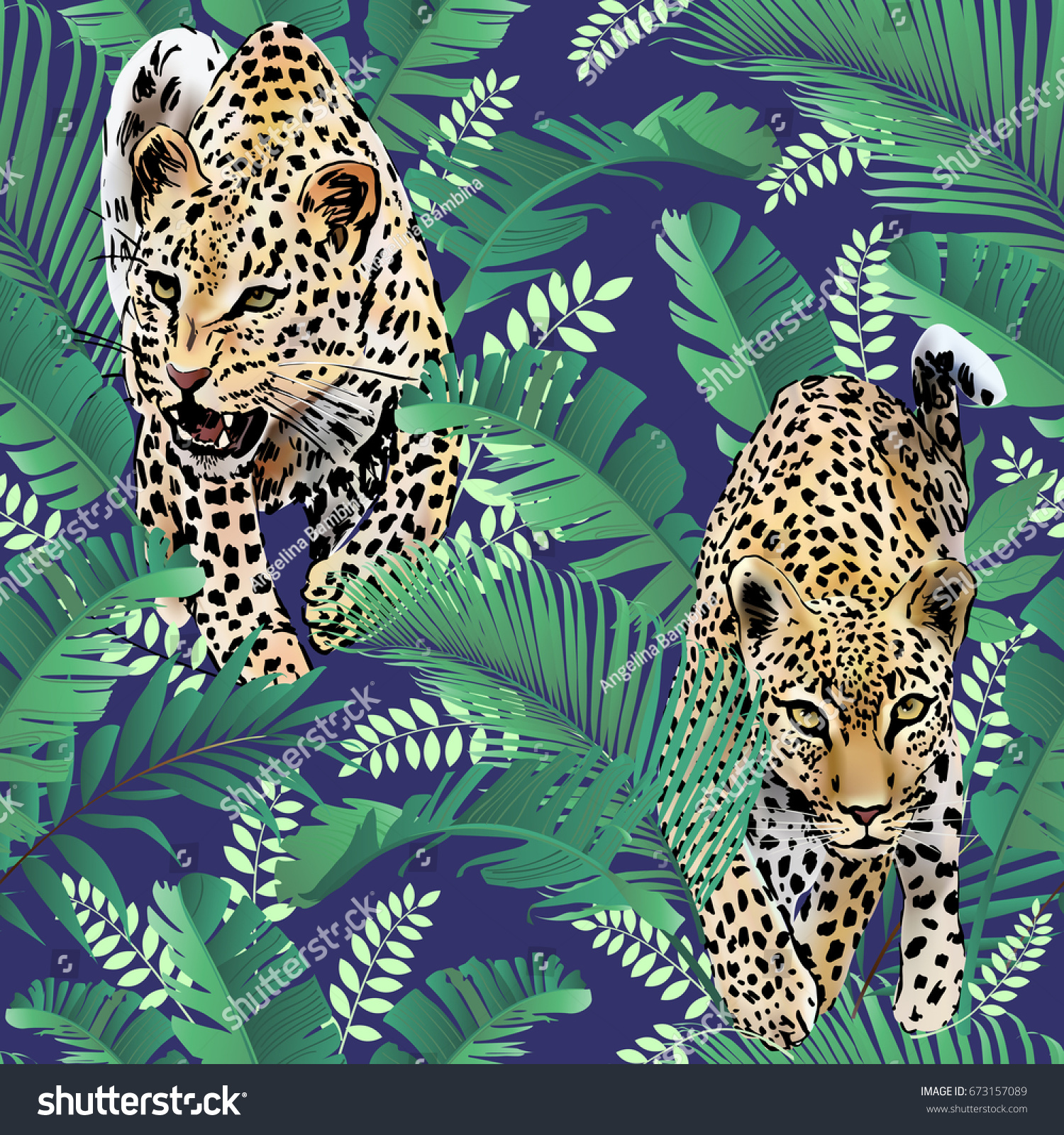 Cheetah Leopards Palm Leaves Tropical Watercolor Stock Vector (Royalty ...