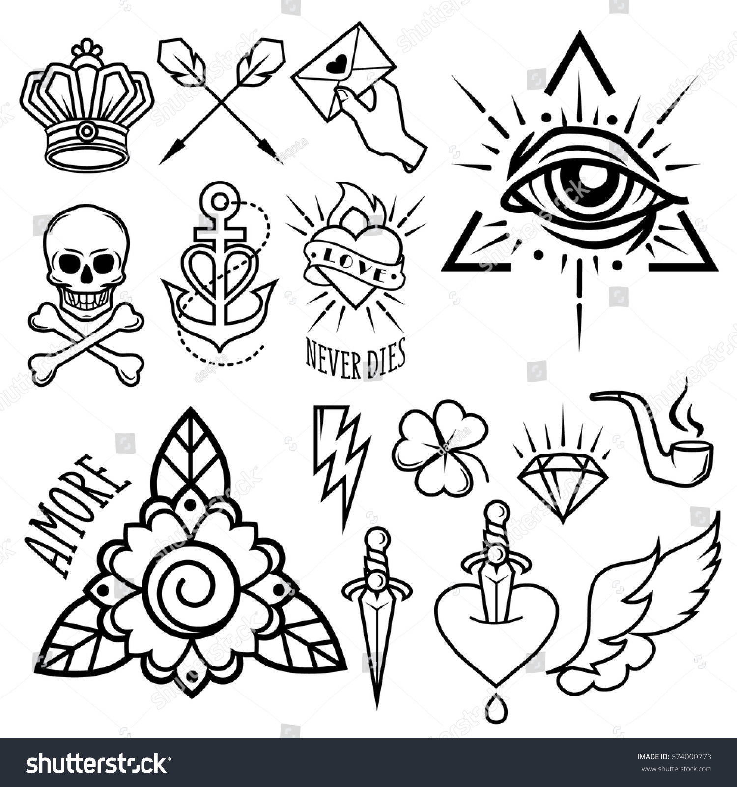 Old School Tattoo Symbols Isolated Vector Stok VektÃ¶r (Telifsiz) 674000773 ...
