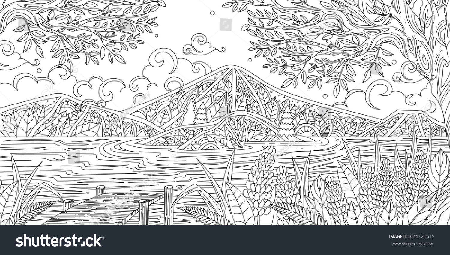 Adult Coloring Illustration Lake Stock Vector (Royalty Free) 674221615 ...