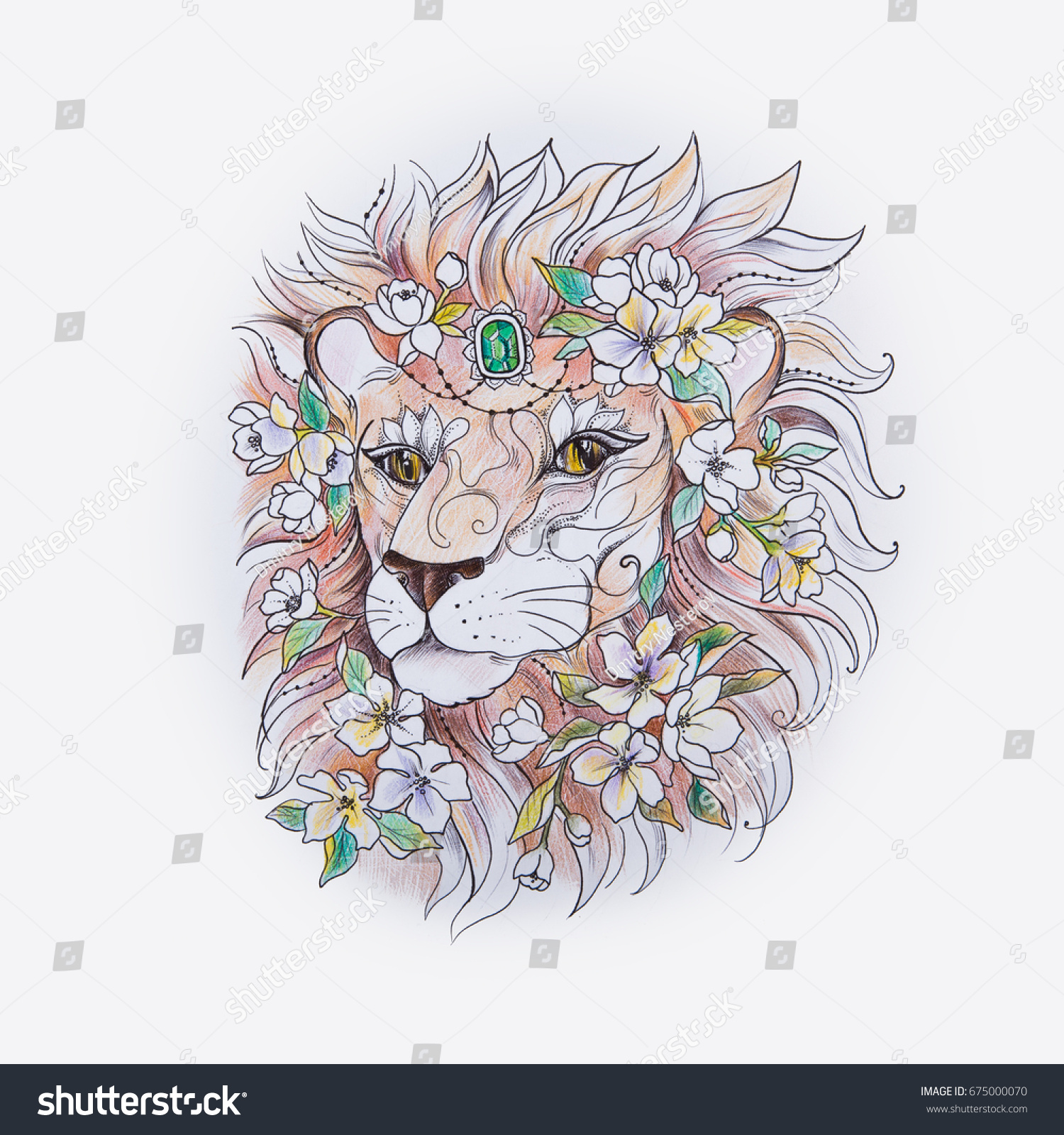 Sketch Beautiful Lion Head Flowers On Stock Illustration 675000070 ...