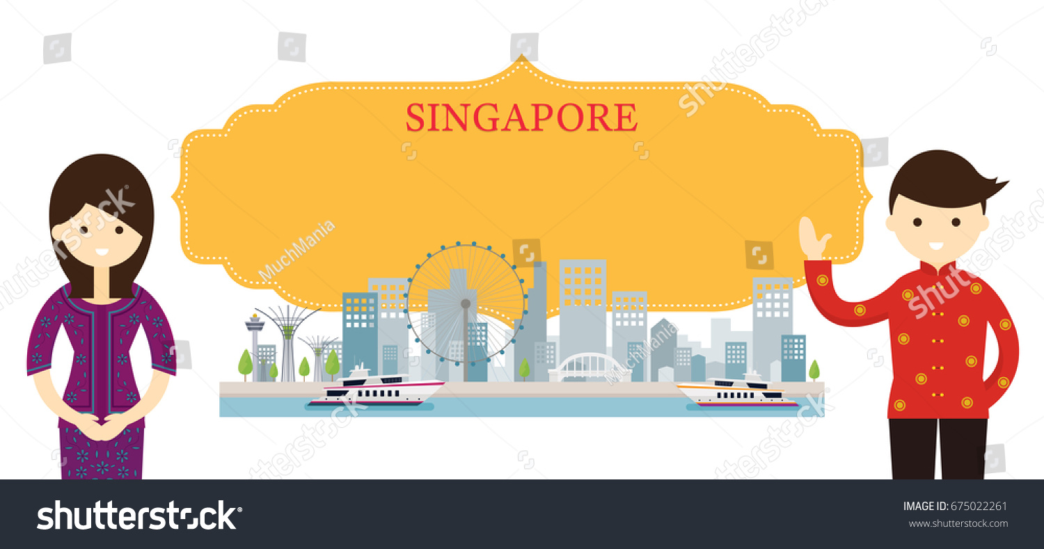 Singapore Landmarks People Traditional Clothing Culture Stock Vector ...