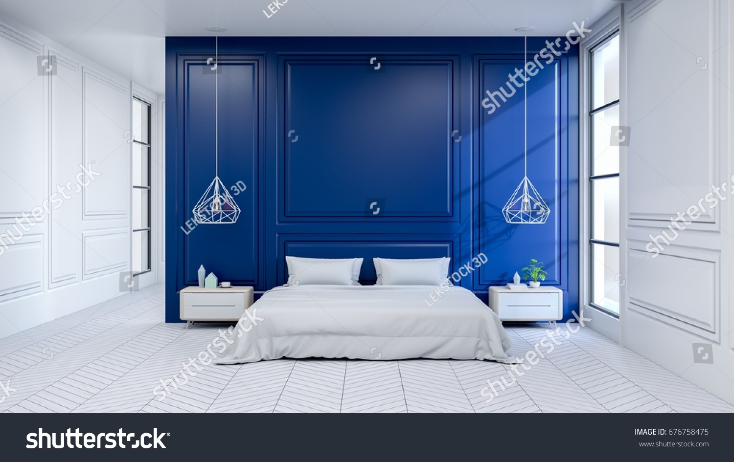 Синяя кровать в интерьере спальни на белом фоне для фотошопа