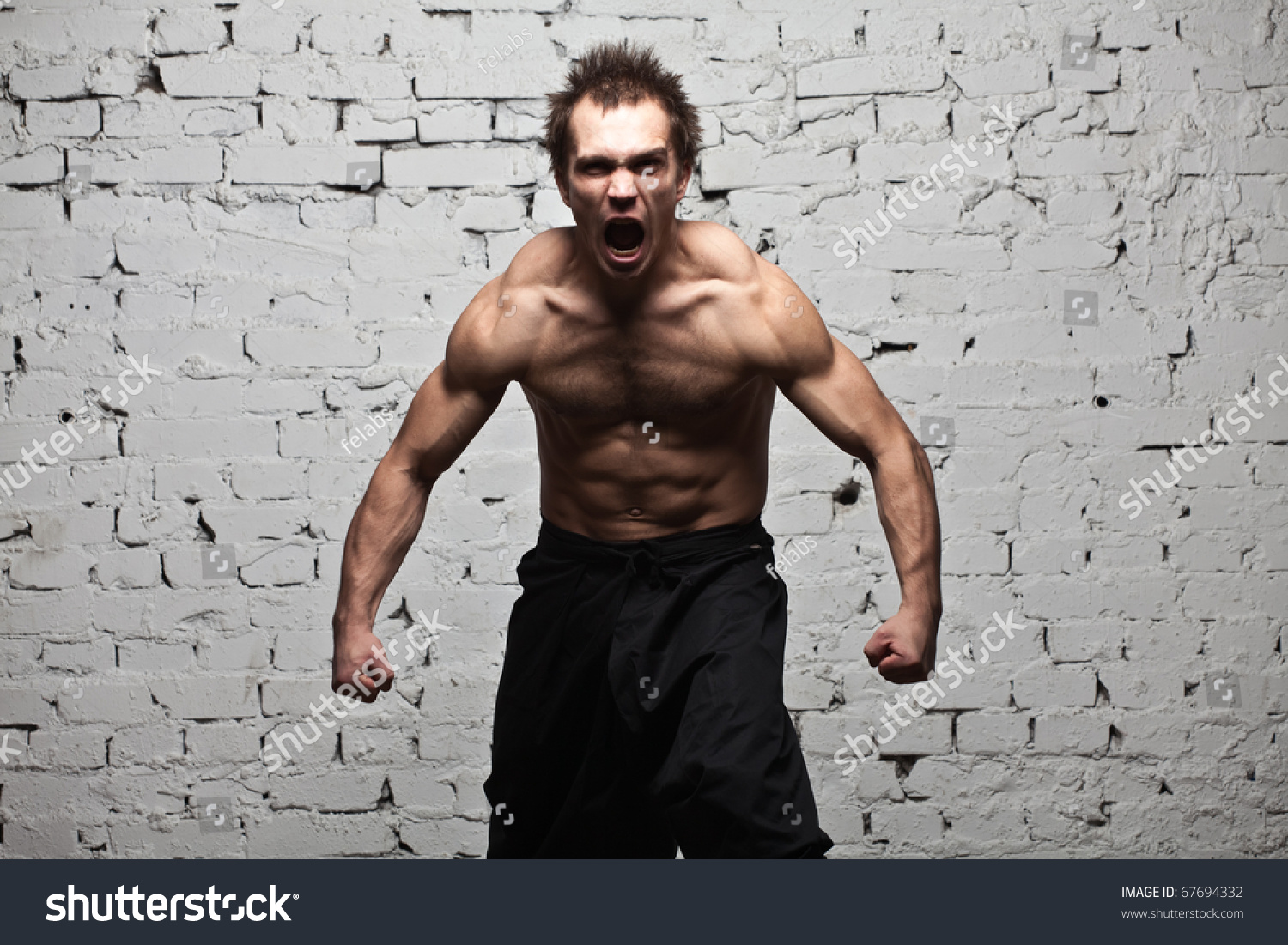 Muscular Man Screaming Roar Brick Background Stock Photo Shutterstock