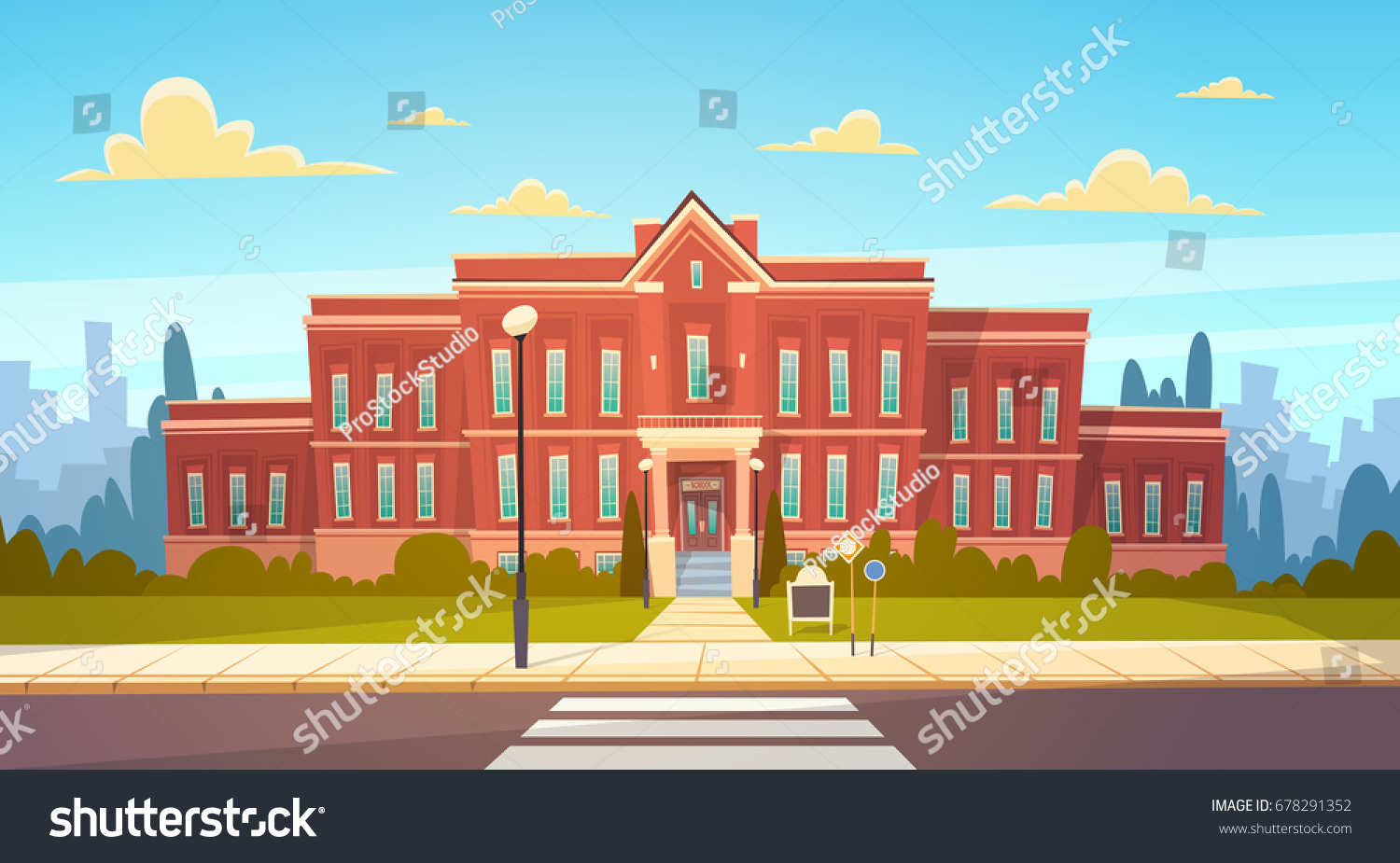 Modern School Building Exterior Crosswalk Welcome Stock Vector (royalty 