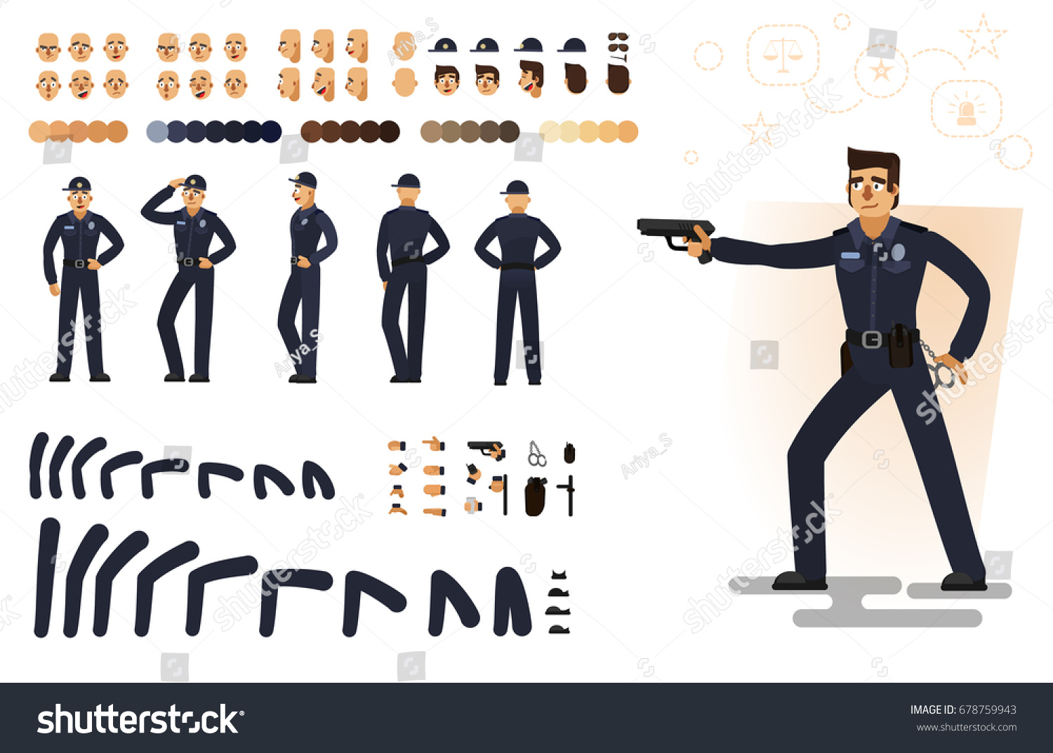 Stylized Policeman Flat Vector Illustration Set Stock Vector (Royalty ...