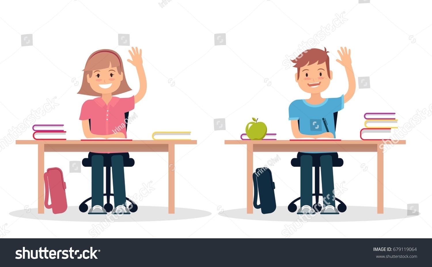 Ученик сидит за партой с поднятой рукой