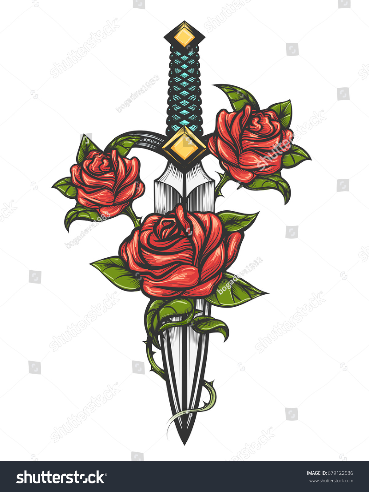 Traditional Tattoo Rose Flowers Dagger Knife Stock Illustration ...